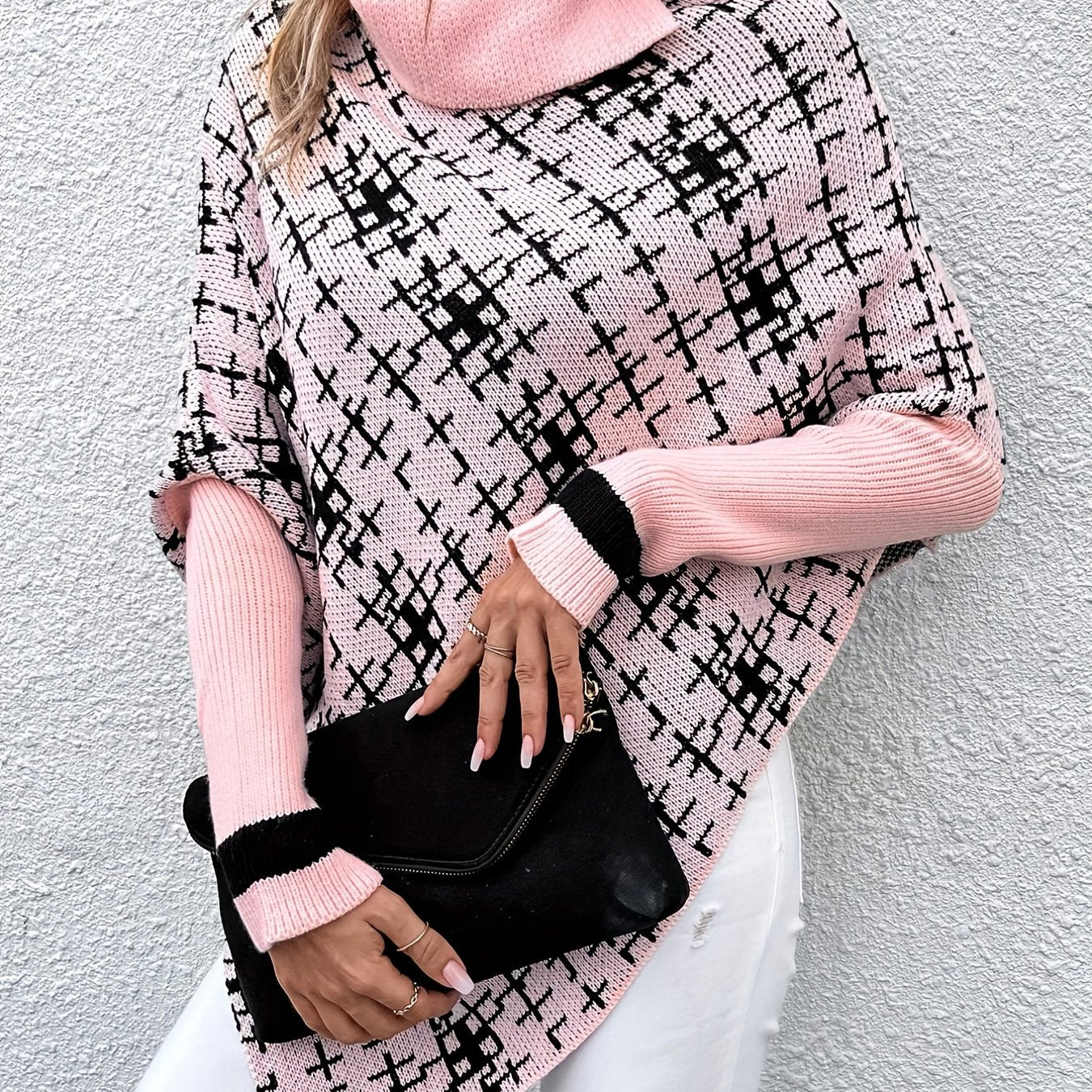 gbolsos Plaid Pattern Turtle Neck Cape Sweater, Casual Batwing Sleeve Asymmetrical Hem Sweater, Women's Clothing
