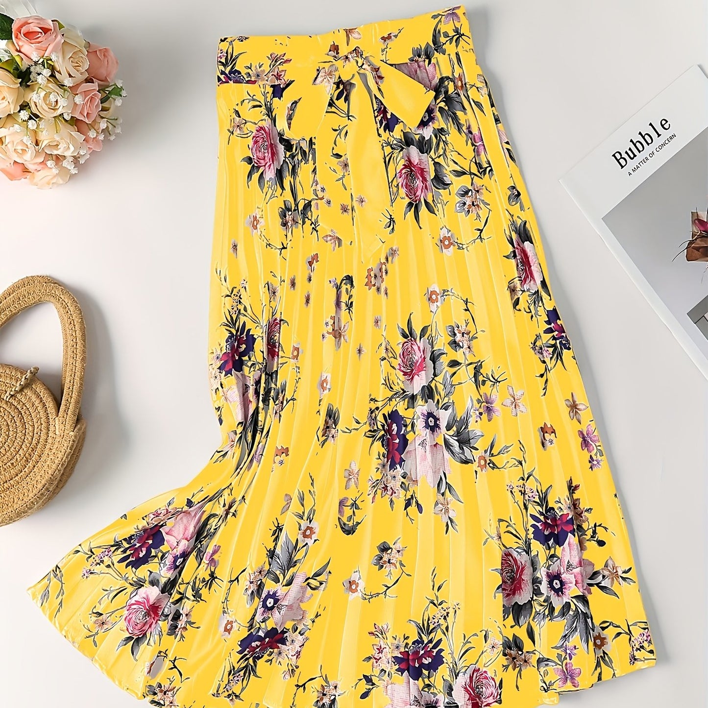 Vintage Floral Print Skirts, Elegant Pleated Tie Waist Daily Skirts, Women's Clothing