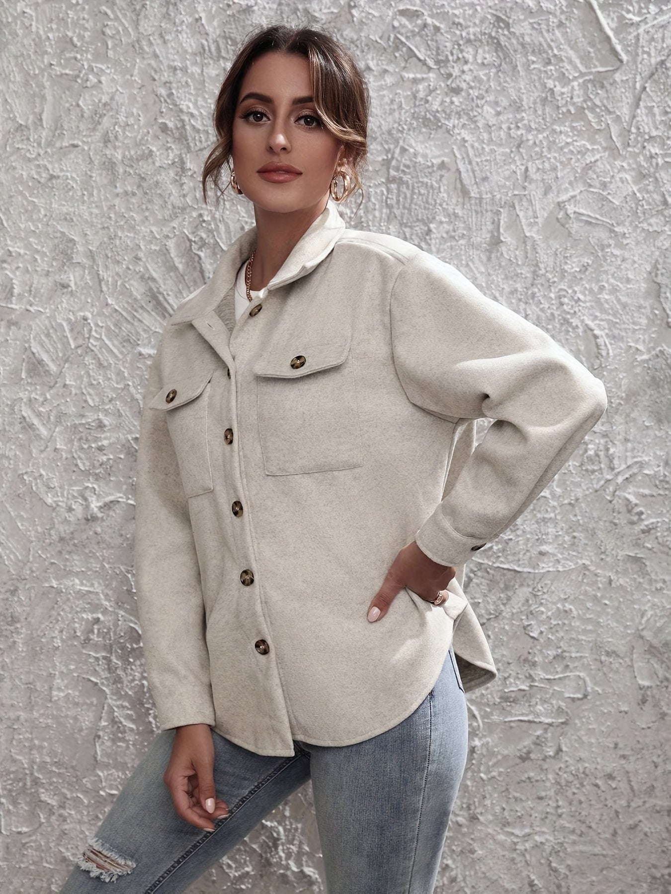 gbolsos Solid Simple Shacket Jacket, Casual Button Front Long Sleeve Outerwear, Women's Clothing