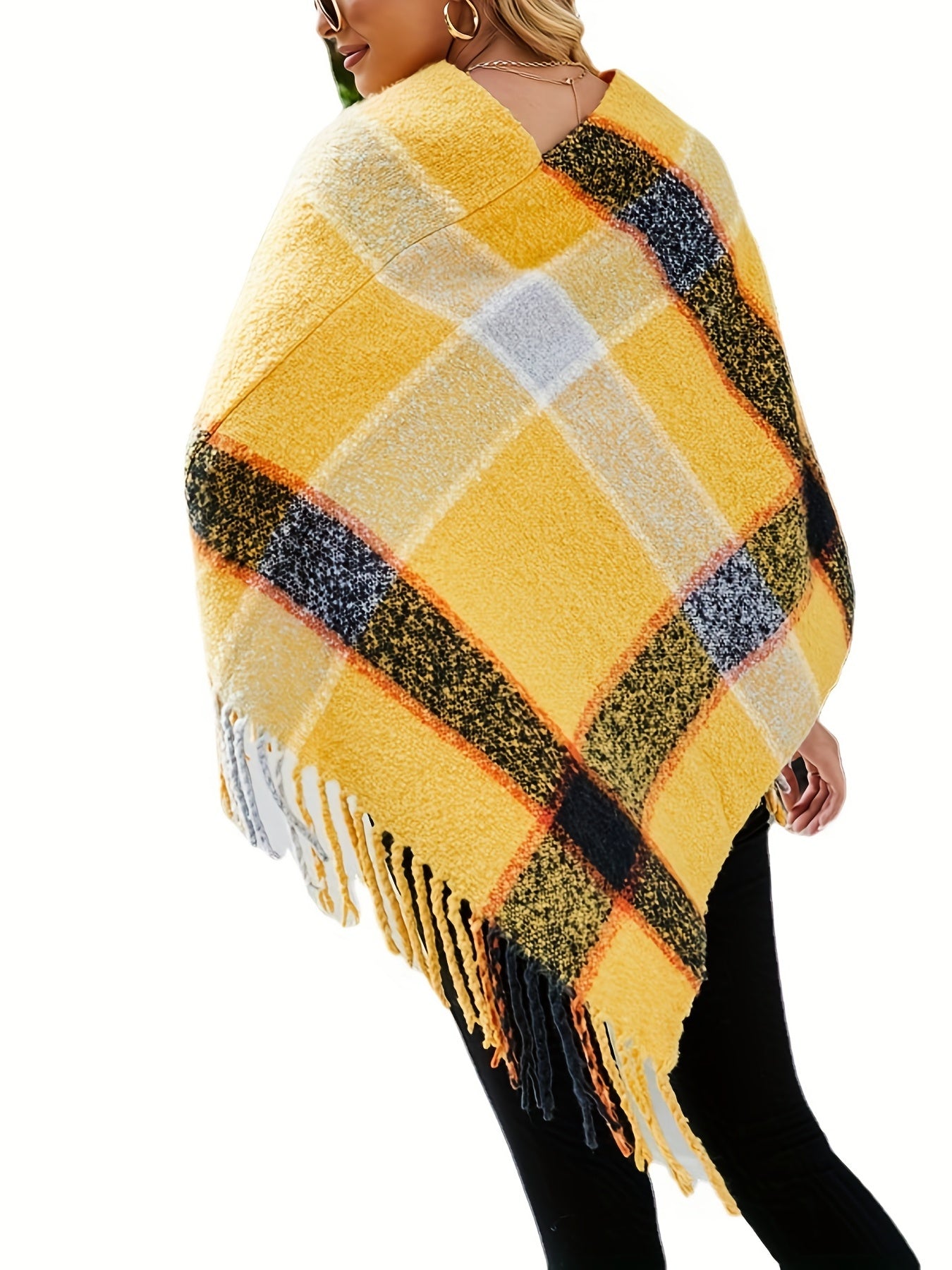 Plaid Pattern Tassel Trim Cape Sweater, Casual Batwing Sleeve Sweater, Women's Clothing