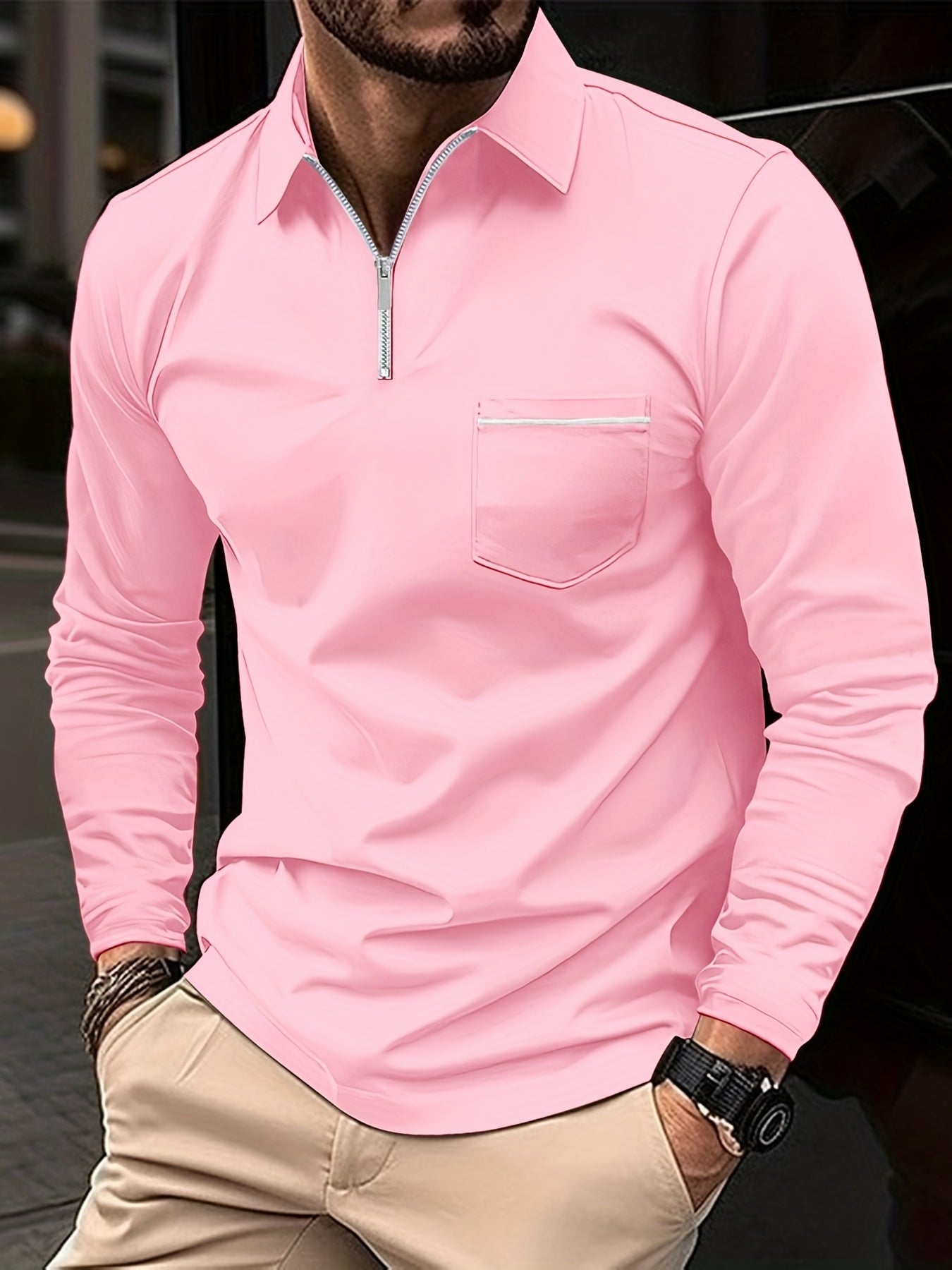 gbolsos Casual Solid Men's Long Sleeve Zipper Polo Shirt With Chest Pocket, Spring Fall Outdoor