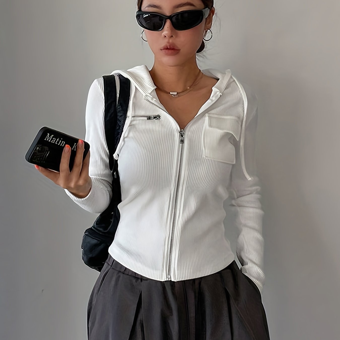 gbolsos Zip Up Drawstring Jacket, Casual Solid Long Sleeve Hooded Outerwear, Women's Clothing
