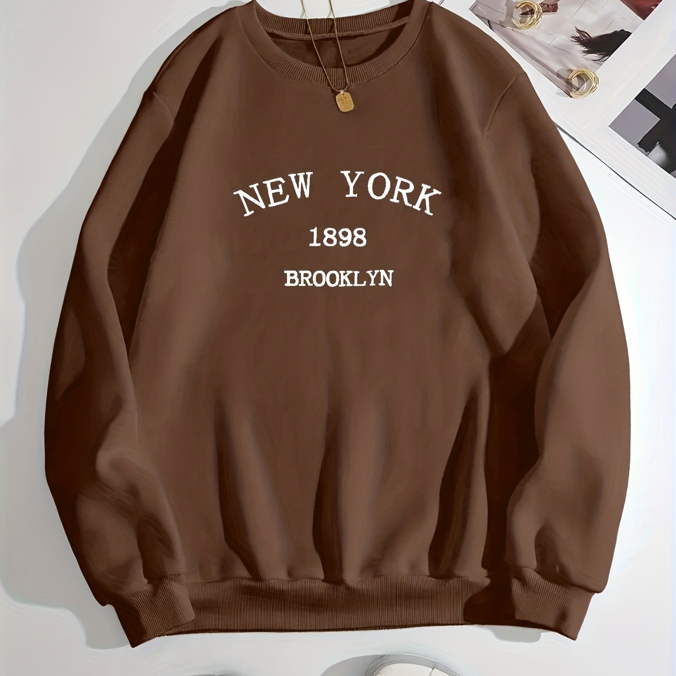 New York Brooklyn Print Loose Sweatshirt, Casual Long Sleeve Crew Neck Sweatshirt, Women's Clothing