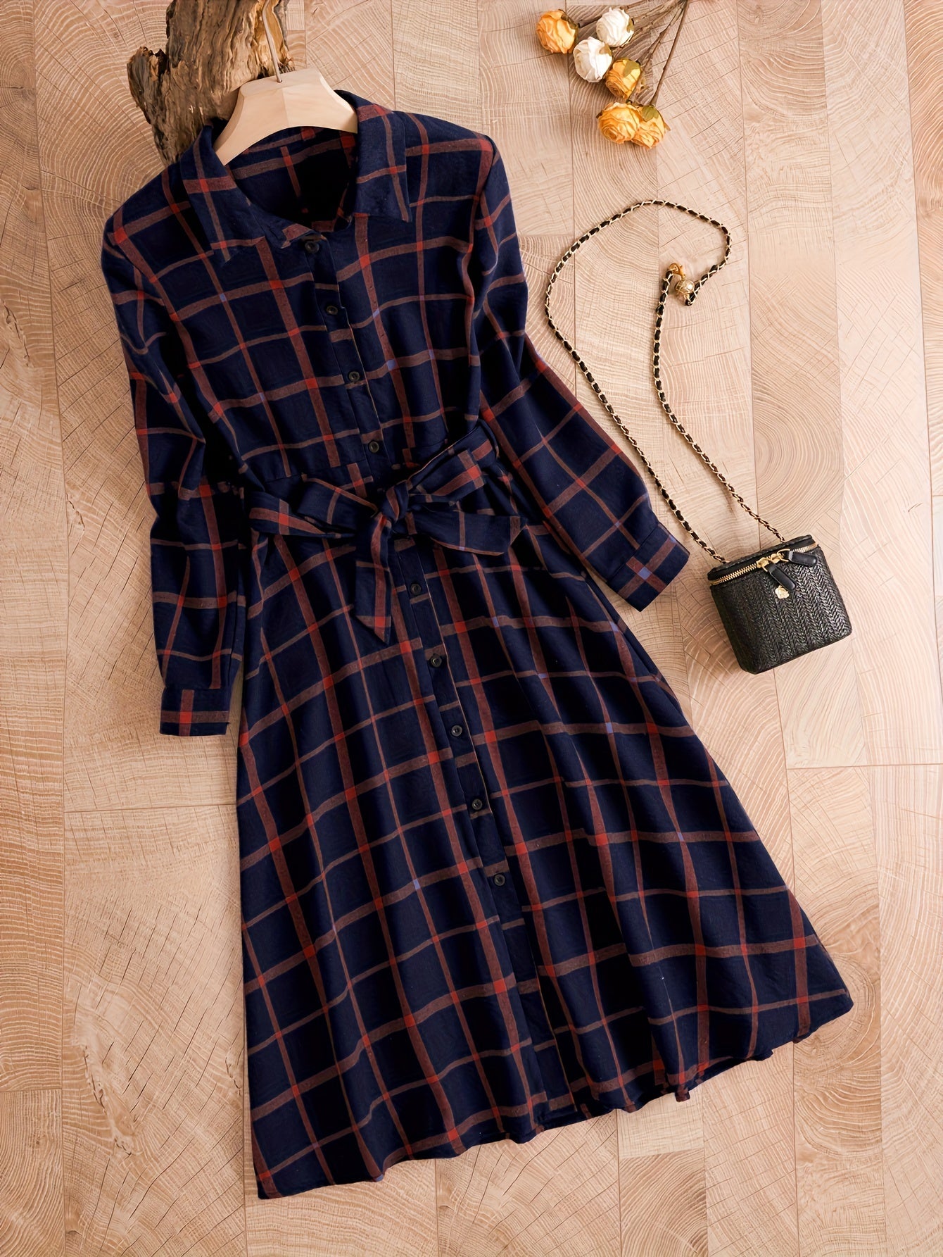 gbolsos Plaid Print Button Front Dress, Elegant Long Sleeve Dress, Women's Clothing
