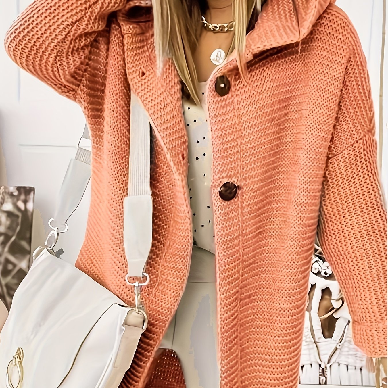 gbolsos Plus Size Casual Cardigan, Women's Plus Solid Button Slight Stretch Hooded Cardigan