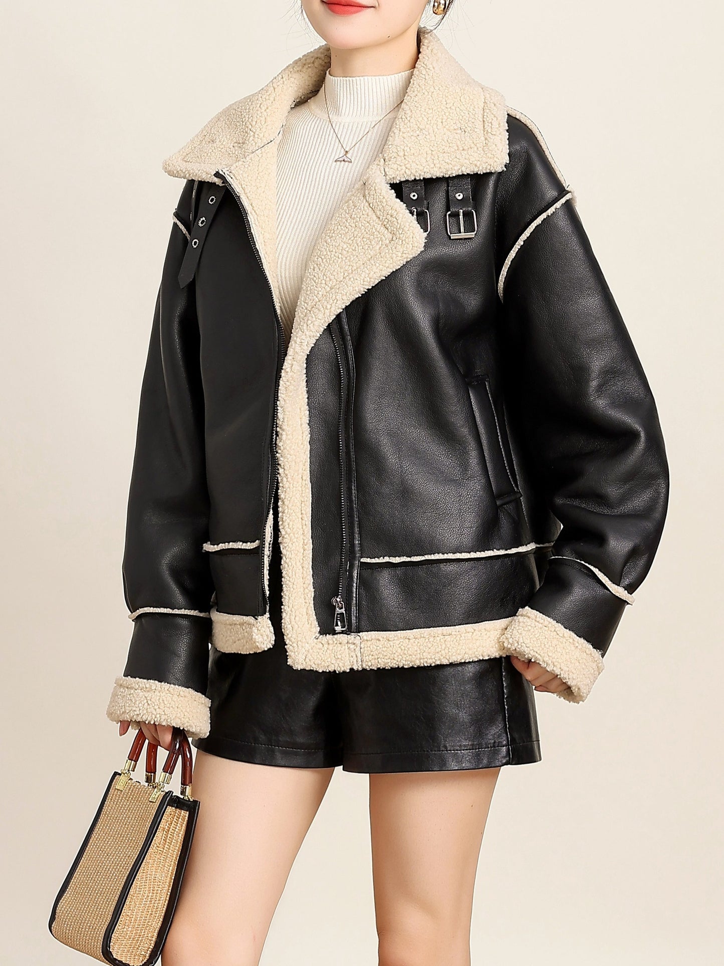 gbolsos Fuzzy Trim Biker Jacket, Casual Zip Up Long Sleeve Winter Outerwear, Women's Clothing