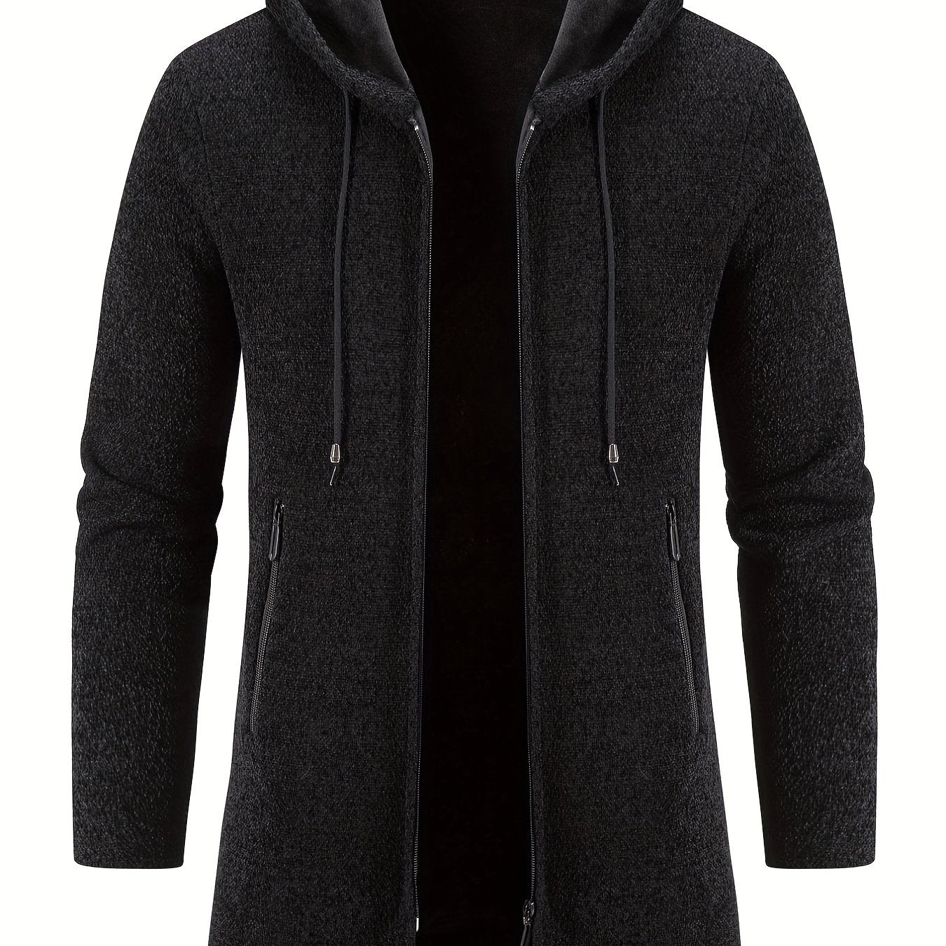 gbolsos Warm Mid-length Hooded Fleece Coat, Men's Comfortable Solid Color Zip Up Knitted Cardigan For Spring Fall