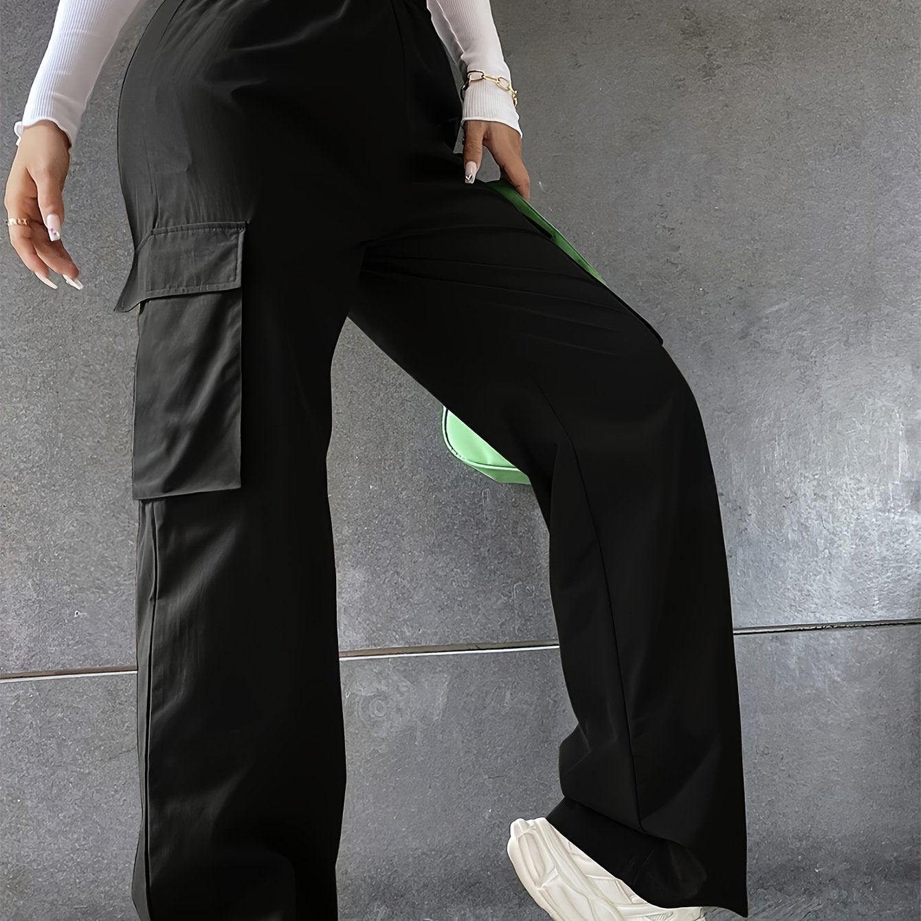 gbolsos Solid Flap Pocket Loose Cargo Pants, Casual Elastic Waist Versatile Pants, Women's Clothing