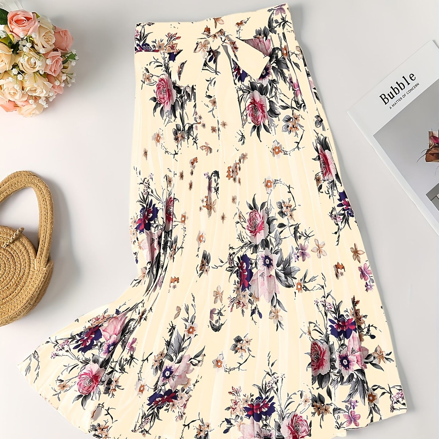Vintage Floral Print Skirts, Elegant Pleated Tie Waist Daily Skirts, Women's Clothing