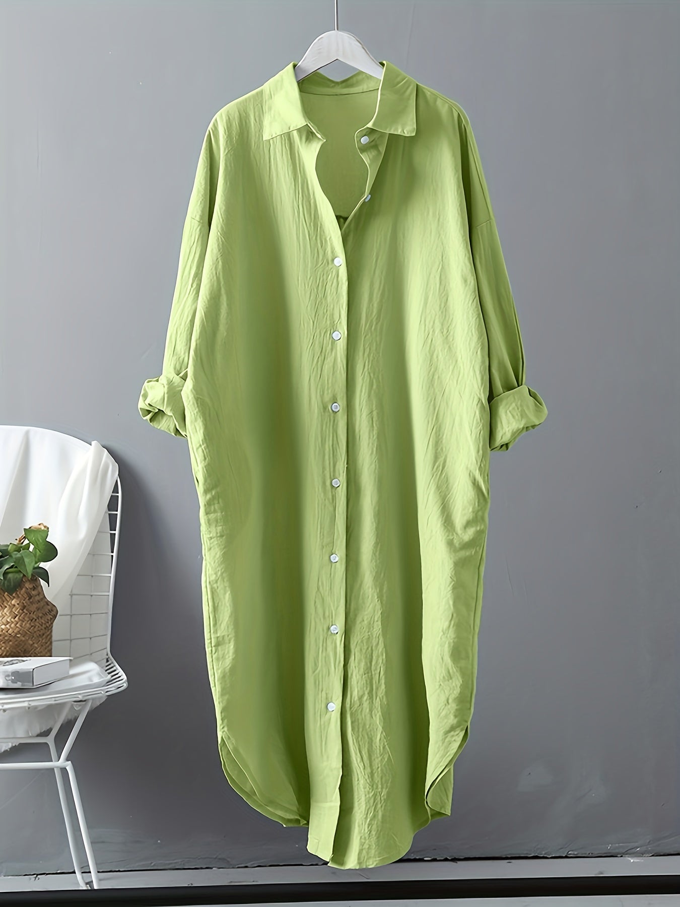 gbolsos Loose Long Sleeve Solid Lapel Shirt, Casual Medium Longline Button Shirt, Women's Clothing