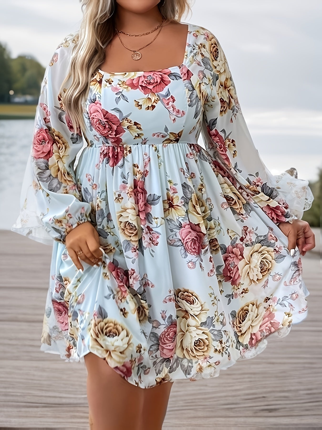 gbolsos Plus Size Elegant Dress, Women's Plus Shirred Ditsy Floral Print Lantern Sleeve Square Neck Nipped Waist Dress