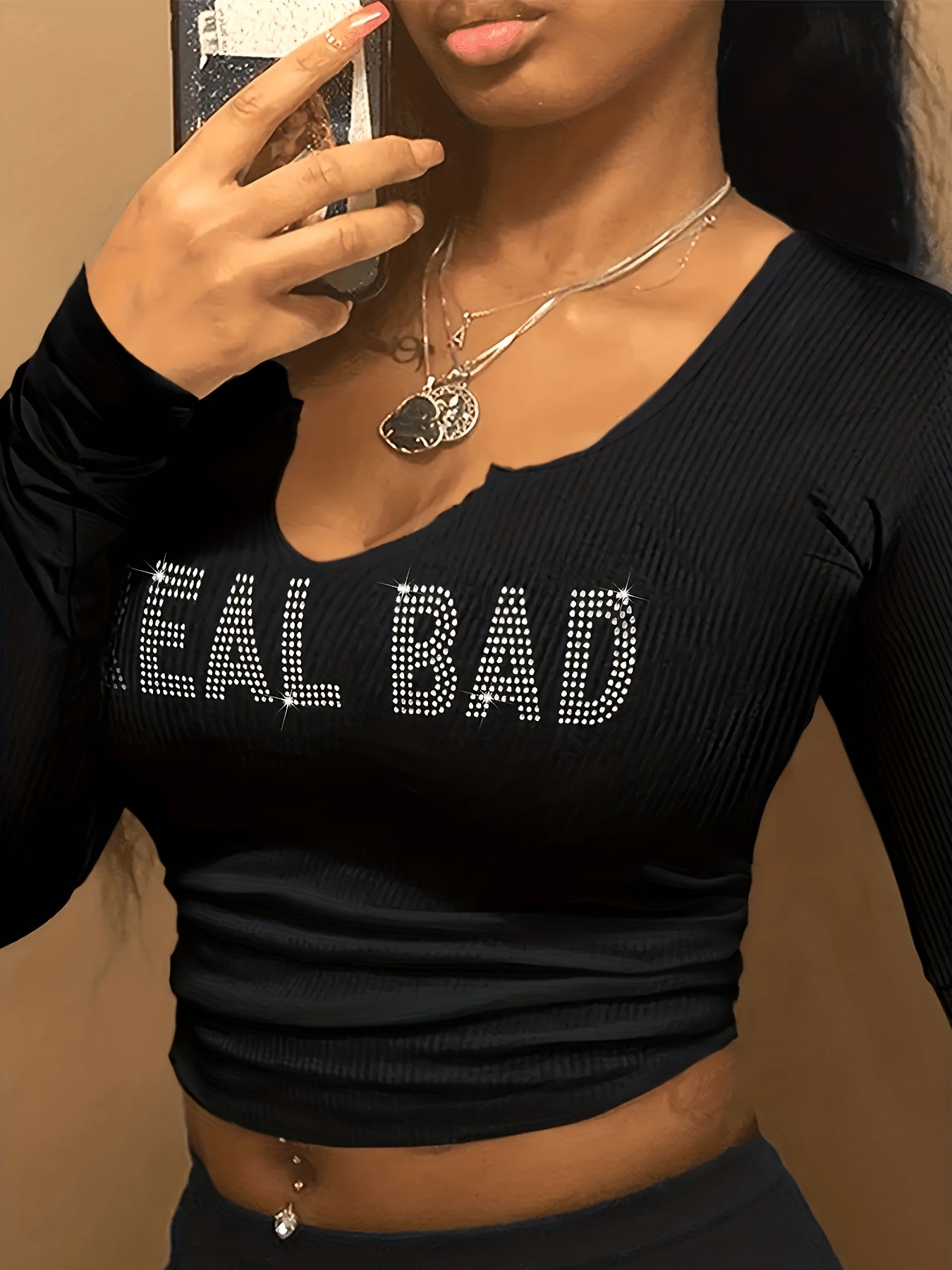 gbolsos Letter Rhinestone Notched Neck Knitted Top, Casual Long Sleeve Crop Slim Sweater, Women's Clothing