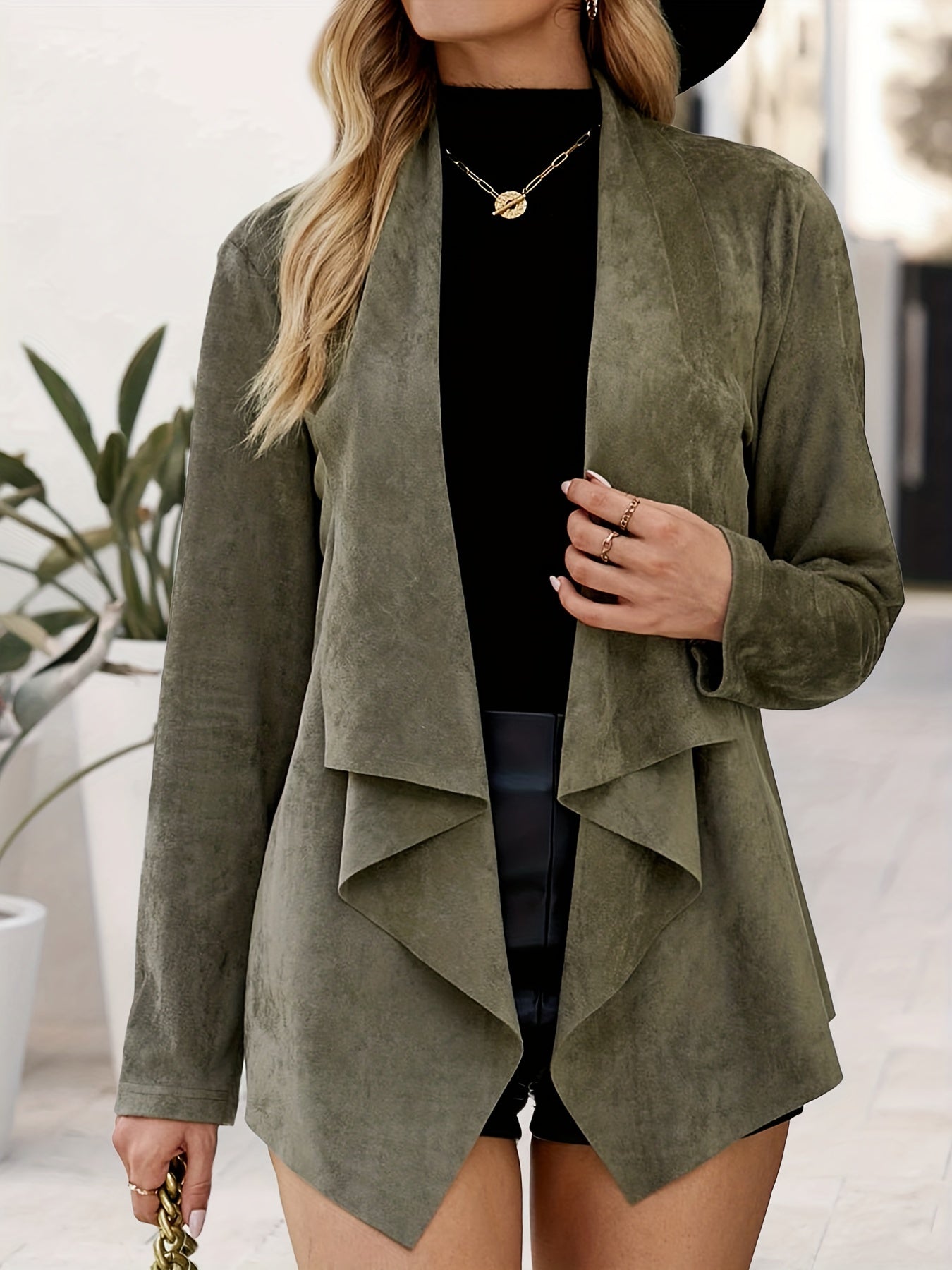 gbolsos Solid Open Front Jacket, Casual Long Sleeve Waterfall Collar Outerwear, Women's Clothing