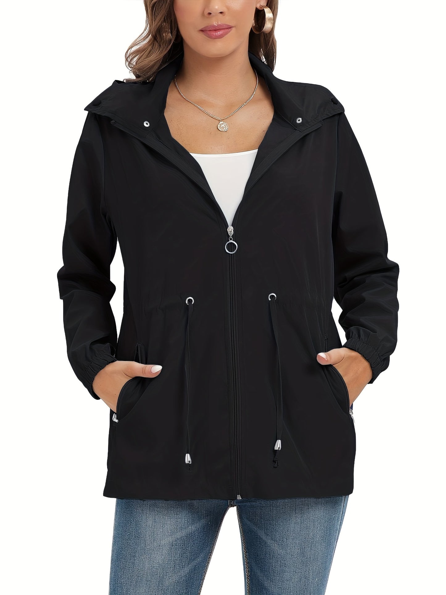 gbolsos Solid Hooded Rain Jacket, Casual Zip Up Long Sleeve Outerwear, Women's Clothing