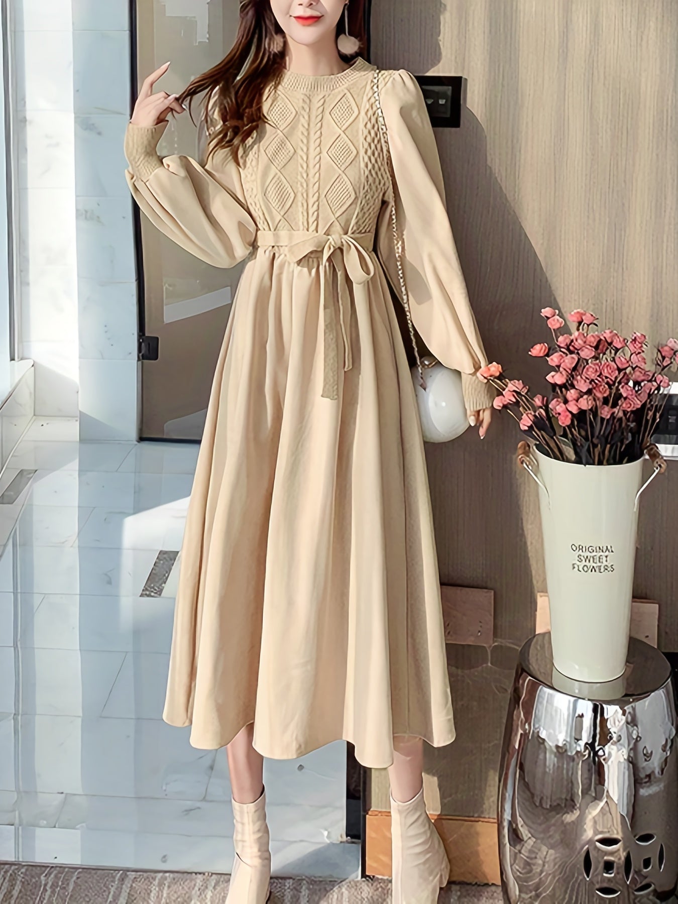 gbolsos Solid Knitted Dress, Elegant Crew Neck Long Sleeve Dress, Women's Clothing