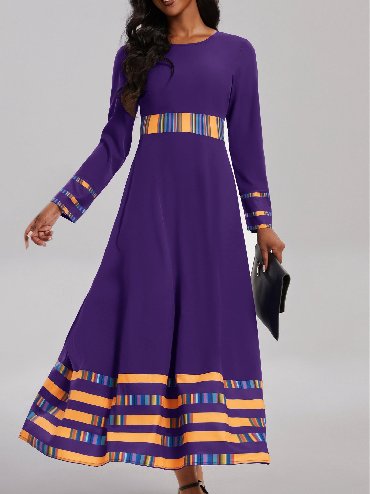 gbolsos Striped & Color Block Ankle Dress, Casual Crew Neck Long Sleeve Dress, Women's Clothing