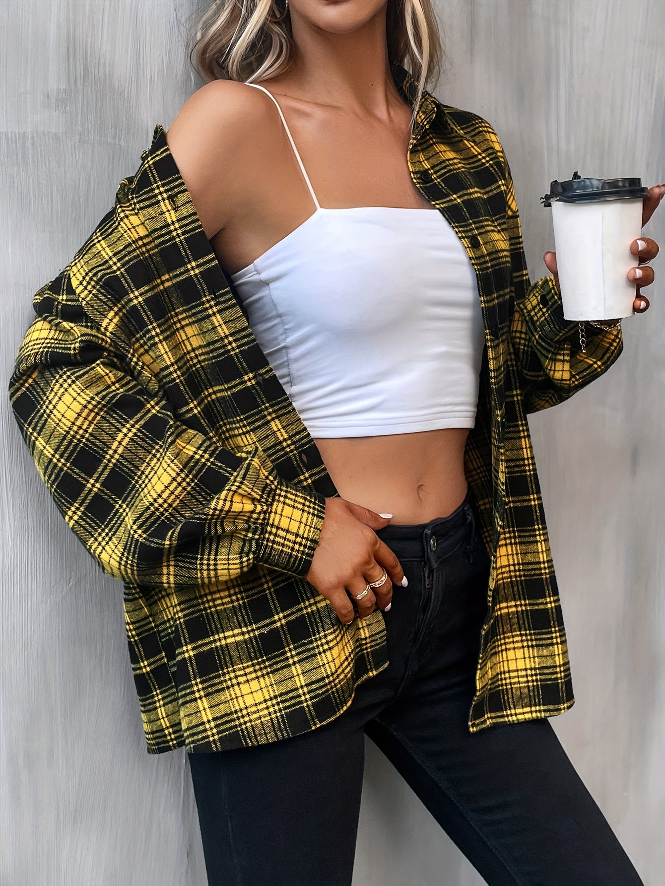 gbolsos Plaid Print Shirt, Casual Button Front Long Sleeve Classic Shirt, Women's Clothing