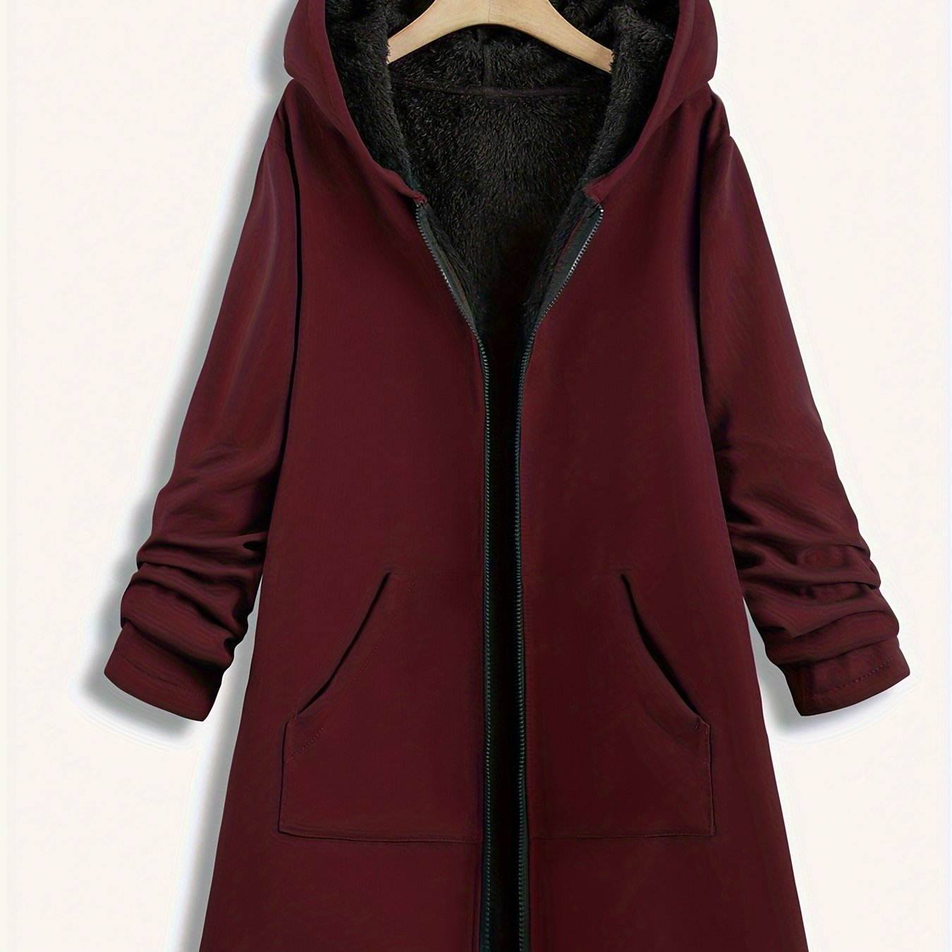 Plus Size Hoodie Fleece Liner Zip Up Coat, Women's Plus Warm Winter Casual Faux Fur Coat