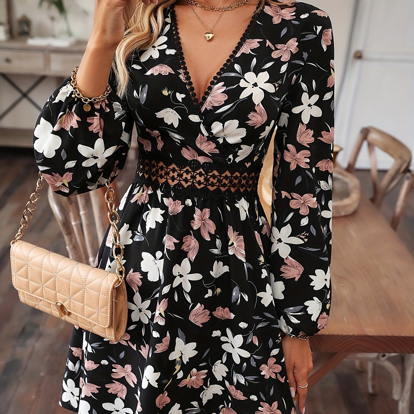 gbolsos Floral Print Surplice Neck Dress, Elegant Long Sleeve A Line Dress, Women's Clothing