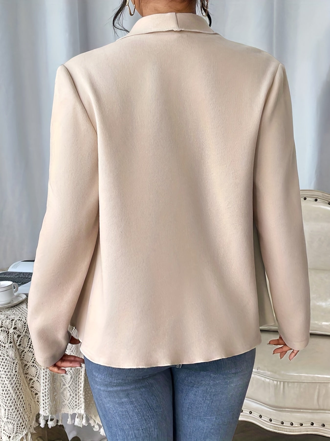 gbolsos Waterfall Collar Solid Jacket, Elegant Solid Long Sleeve Outerwear, Women's Clothing