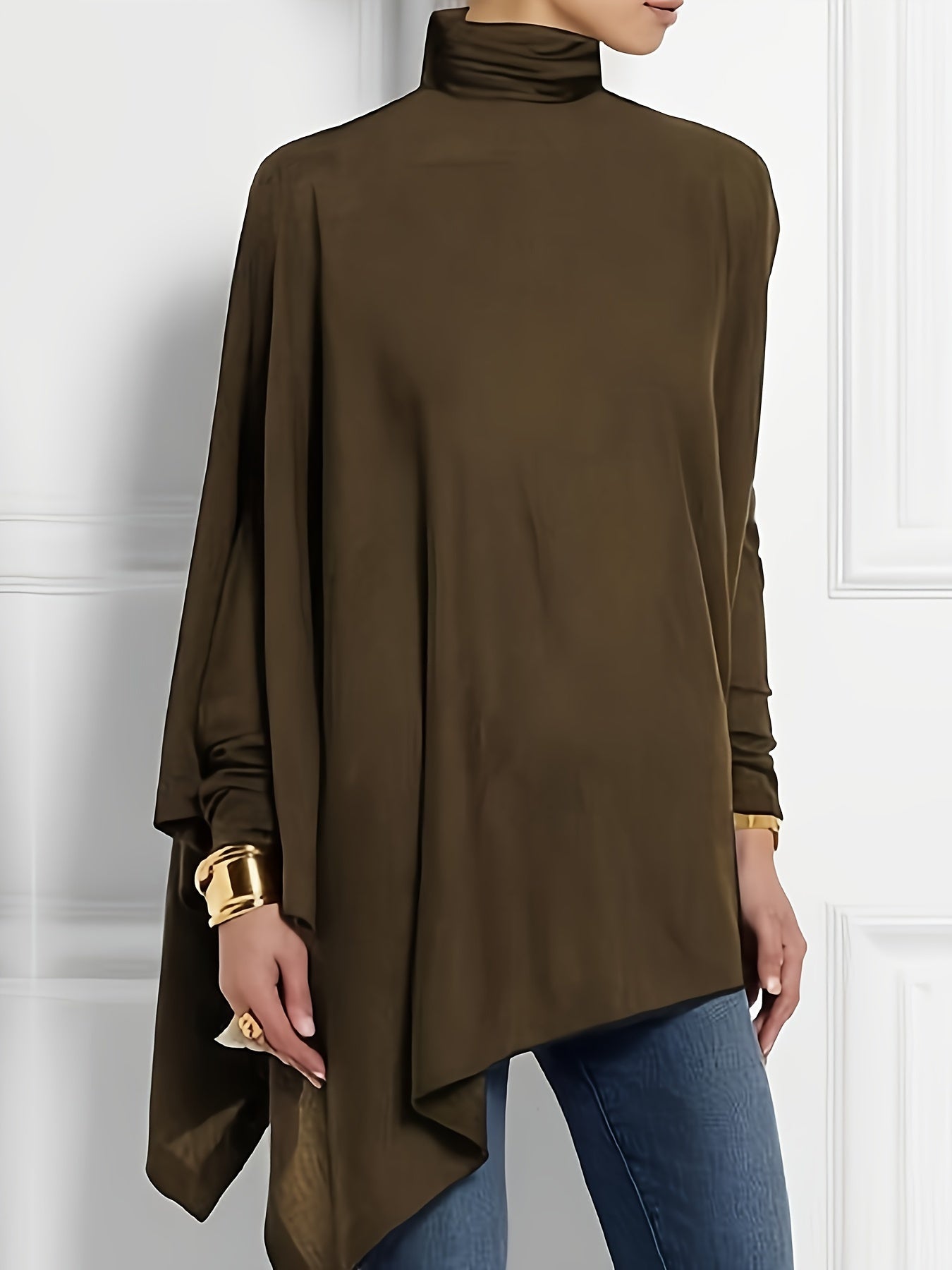 gbolsos Solid Turtleneck T-Shirt, Casual Long Sleeve Top For Spring & Fall, Women's Clothing