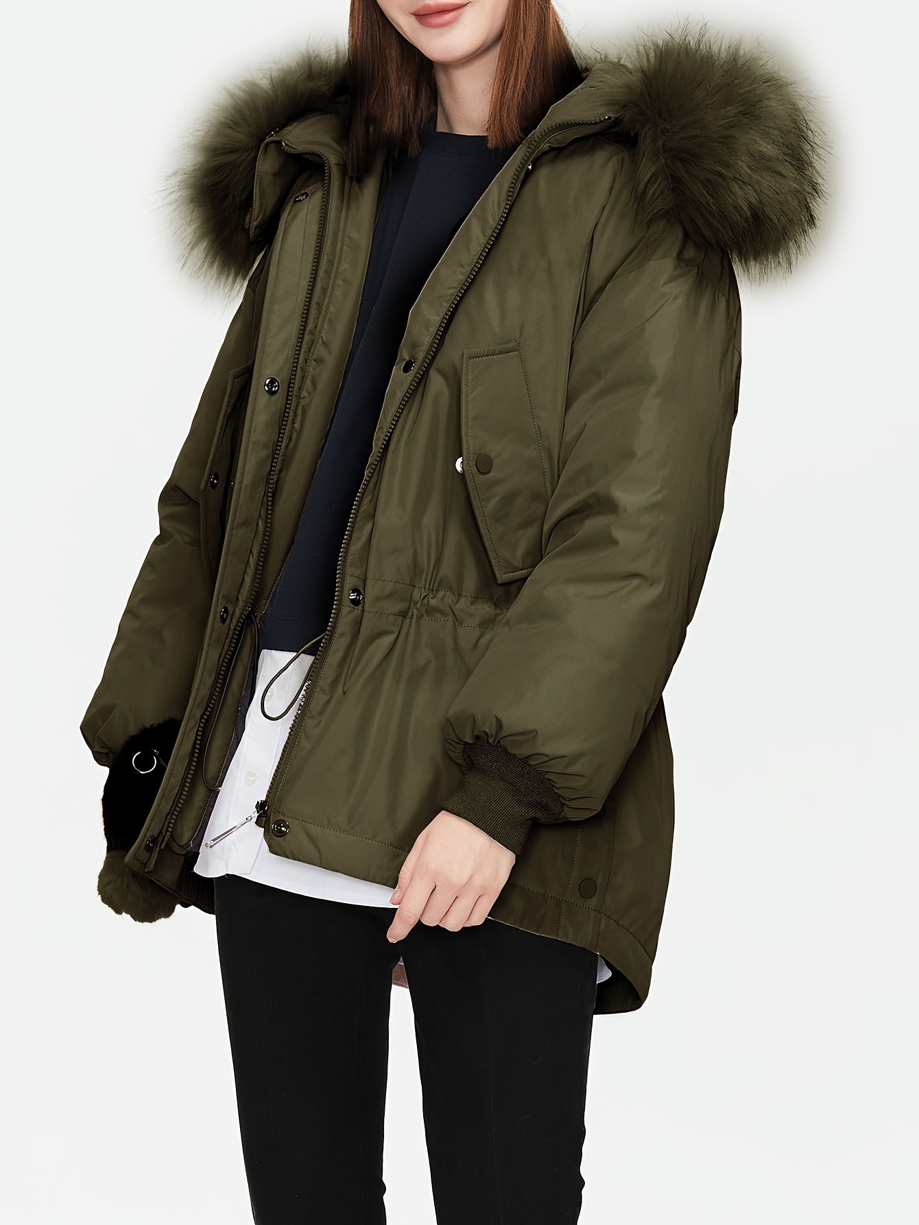 gbolsos Solid Drawstring Faux Fur Coat, Versatile Long Sleeve Pockets Winter Outwear, Women's Clothing