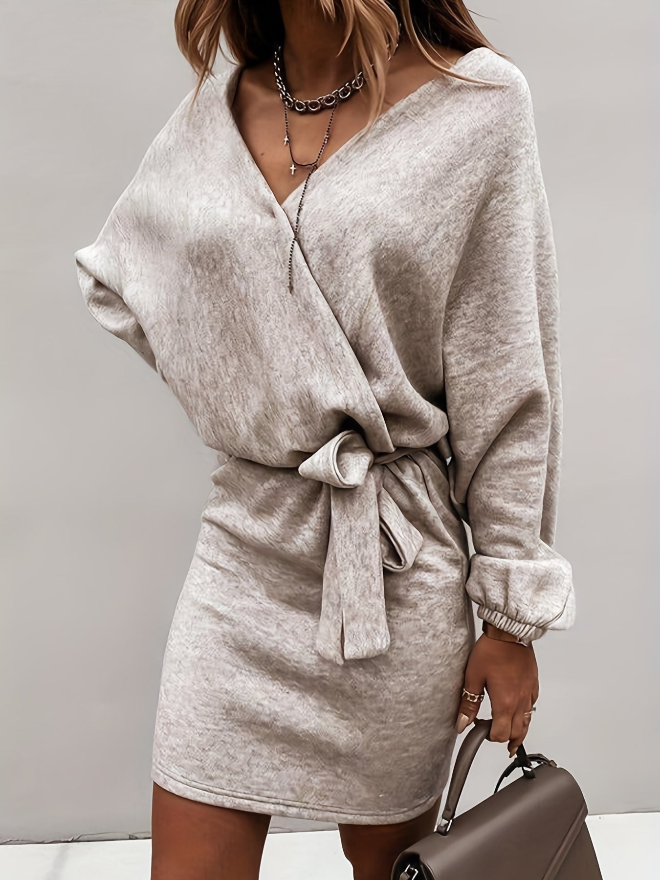 Solid Surplice Neck Dress, Elegant Long Sleeve Bag Hip Dress, Women's Clothing