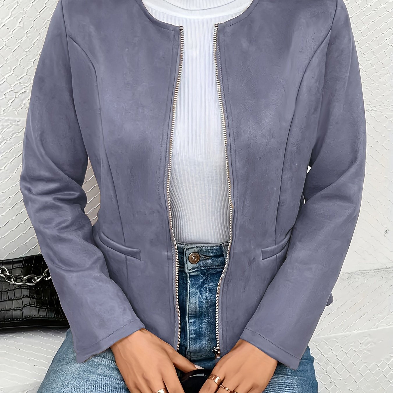 Plus Size Casual Coat, Women's Plus Solid Zip Up Long Sleeve Round Neck Jacket With Pockets