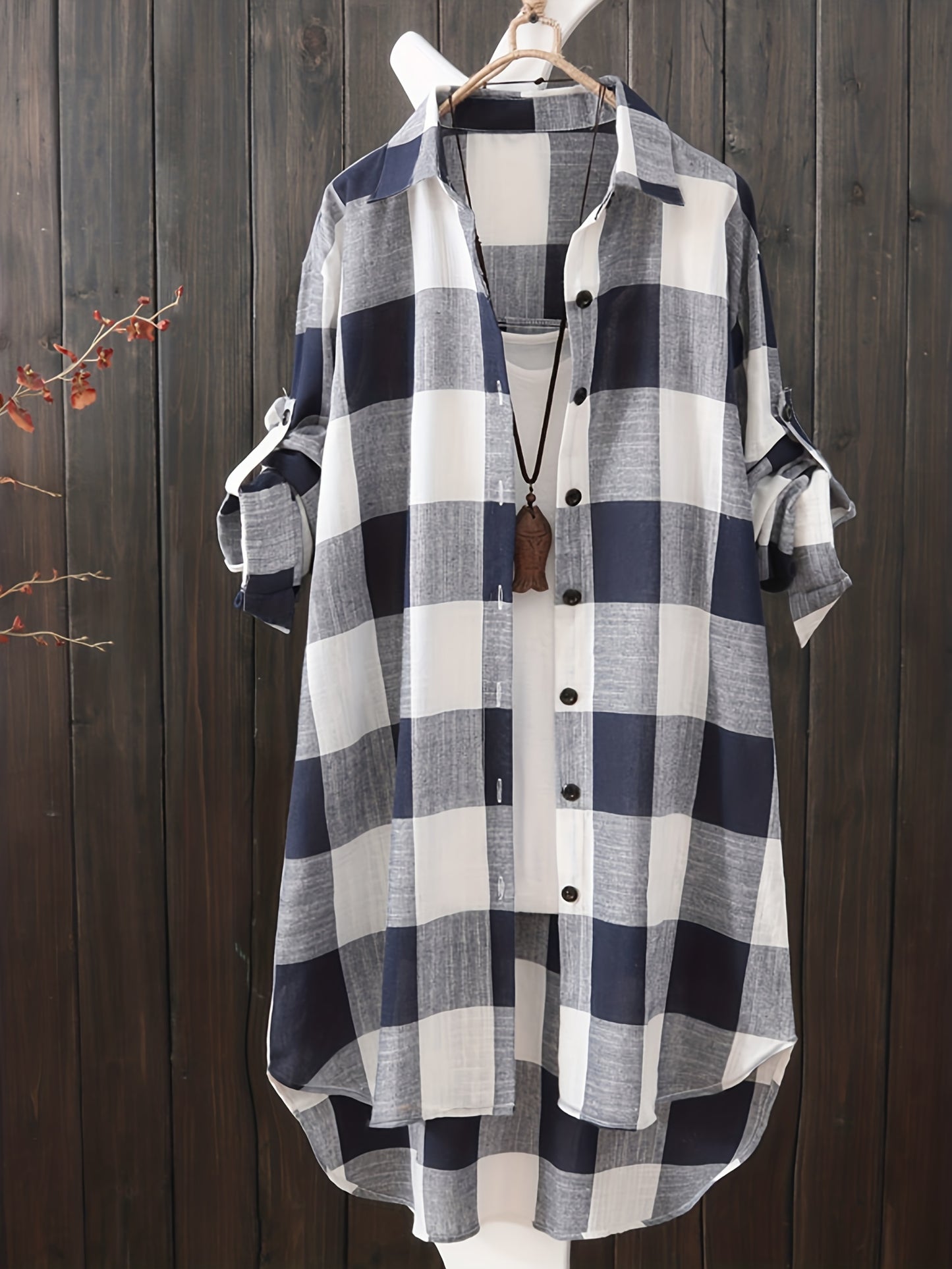 gbolsos Plaid Print Dipped Hem Shirt, Casual Mid Length Button Front Turn Down Collar Long Sleeve Shirt, Women's Clothing