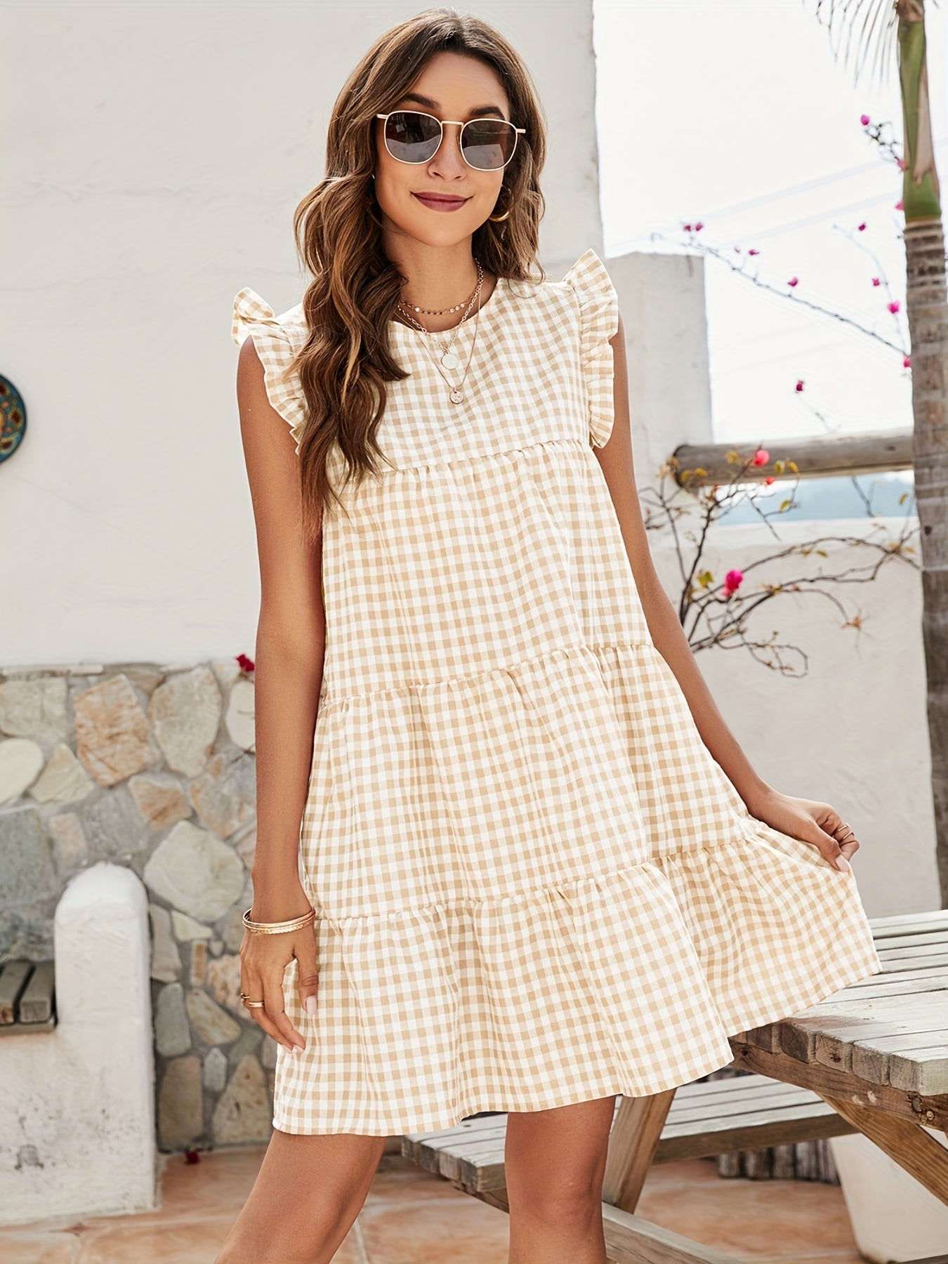 gbolsos Plaid Ruffle Hem Dress, Casual Crew Neck Dress For Spring & Summer, Women's Clothing