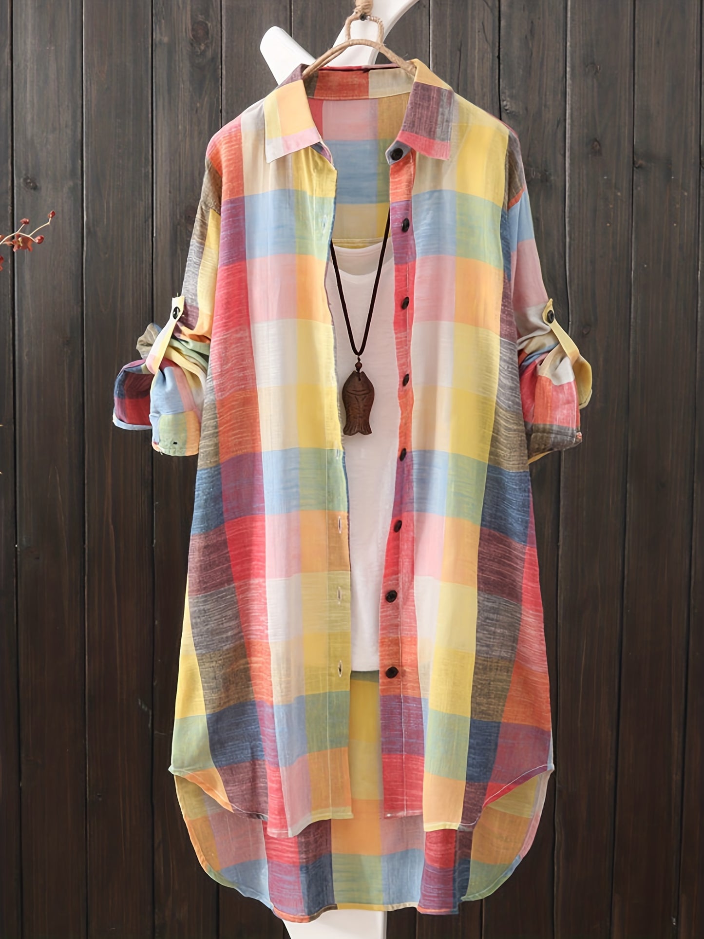 gbolsos Plaid Print Dipped Hem Shirt, Casual Mid Length Button Front Turn Down Collar Long Sleeve Shirt, Women's Clothing
