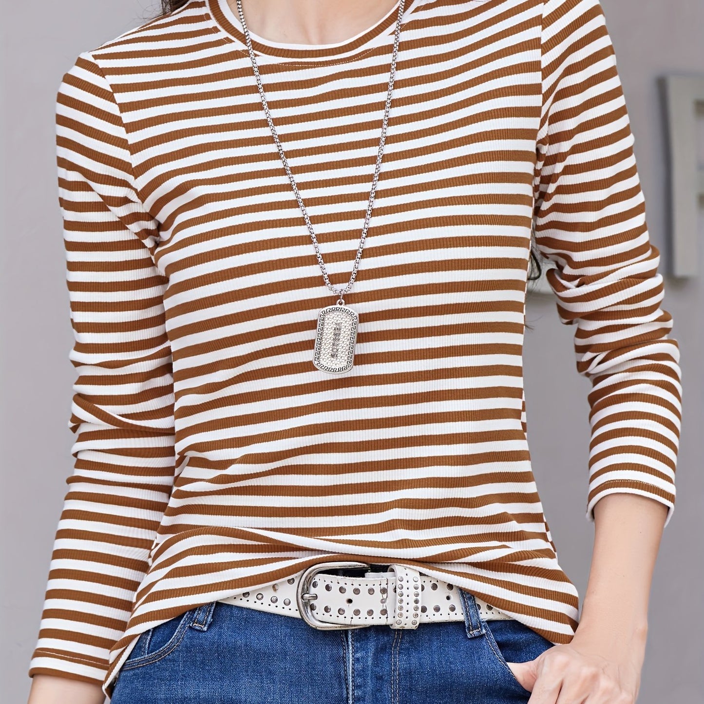 gbolsos Striped Print Crew Neck T-Shirt, Casual Long Sleeve T-Shirt For Spring & Fall, Women's Clothing