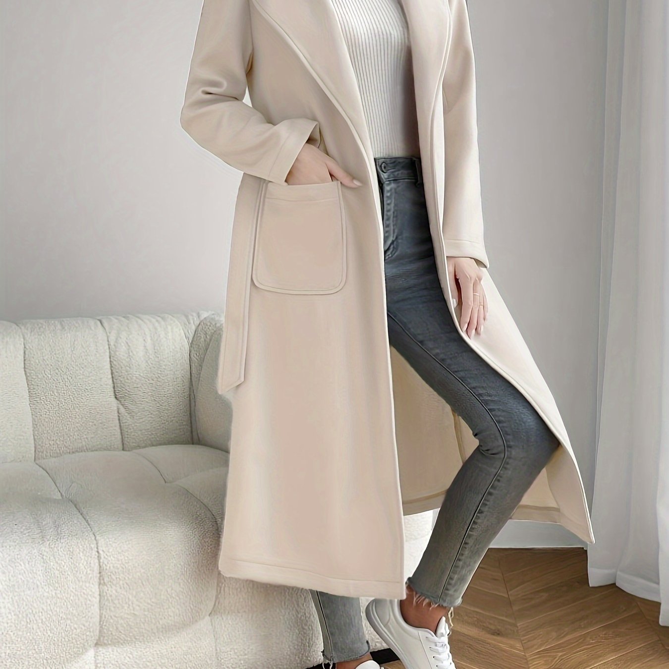 gbolsos Solid Lapel Mid Length Overcoat, Casual Open Front Long Sleeve Outerwear With Pockets, Women's Clothing