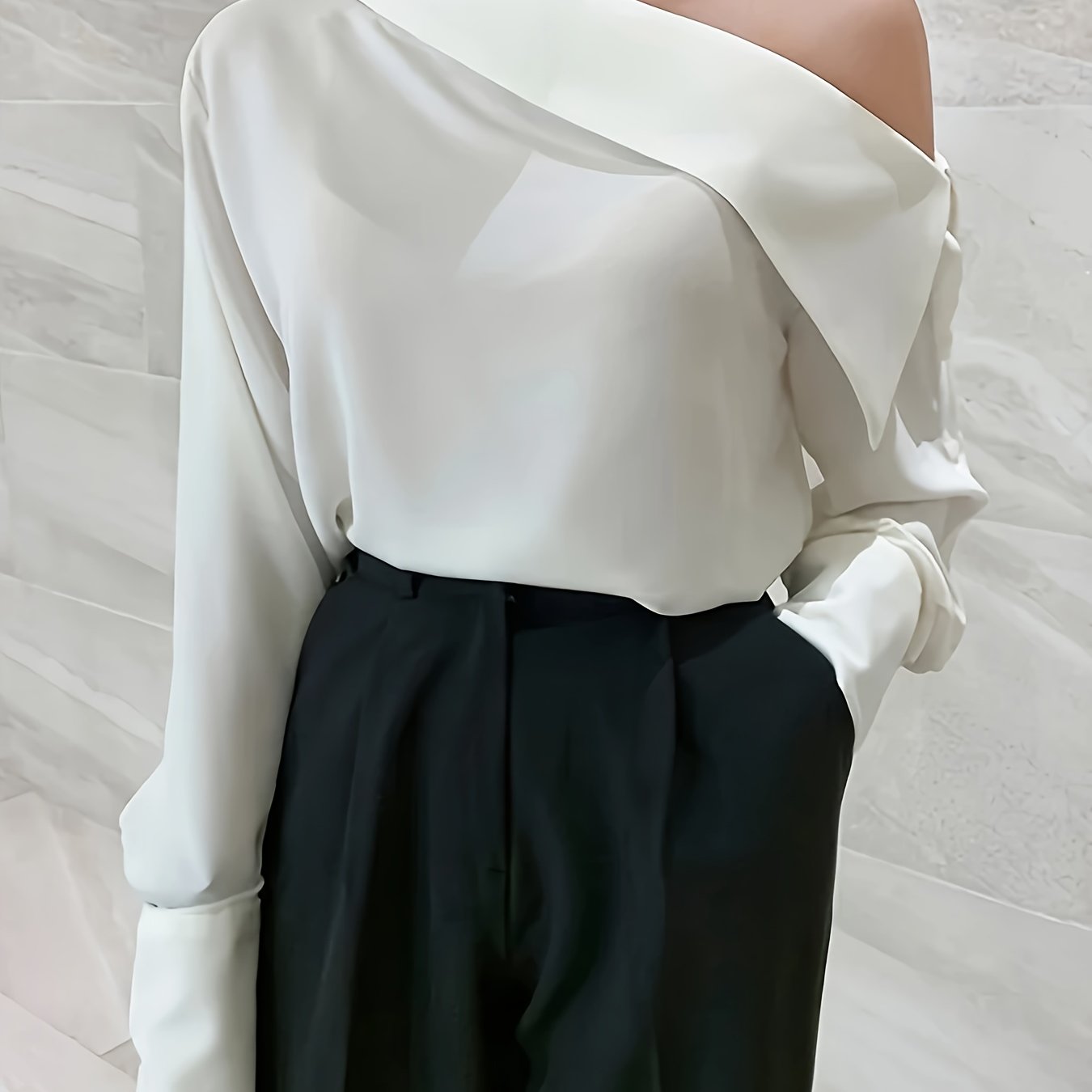 gbolsos Solid Color Asymmetrical Cold Shoulder Blouse, Vintage Long Sleeve Blouse For Every Day, Women's Clothing