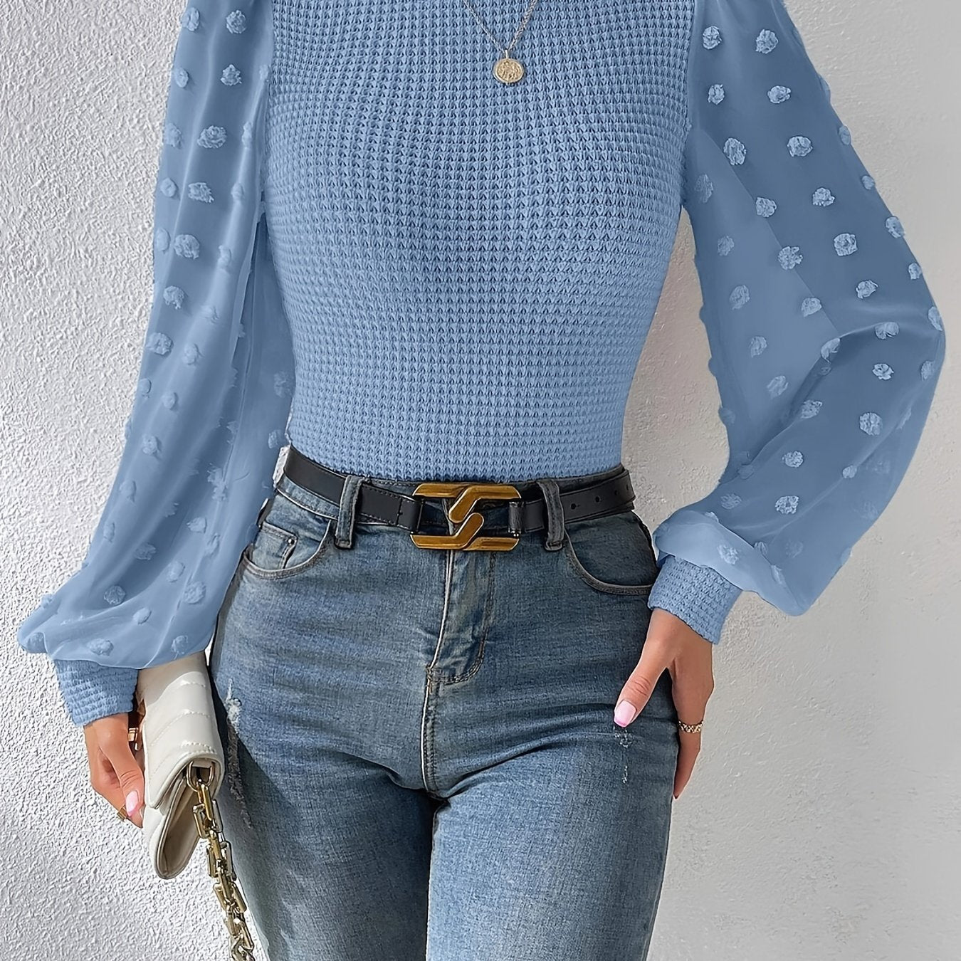 gbolsos Swiss Dot Mock Neck Blouse, Casual Long Lantern Sleeve Blouse For Spring & Fall, Women's Clothing