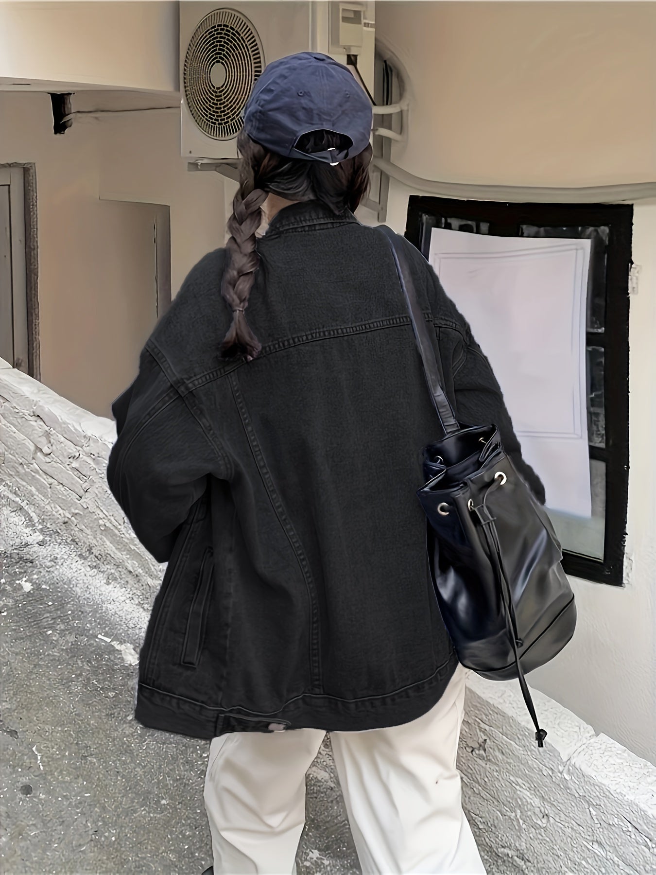 gbolsos Plain Loose Fit Denim Jackets, Patch Pockets Long Sleeves Lapel Versatile Denim Coats, Women's Denim Clothing