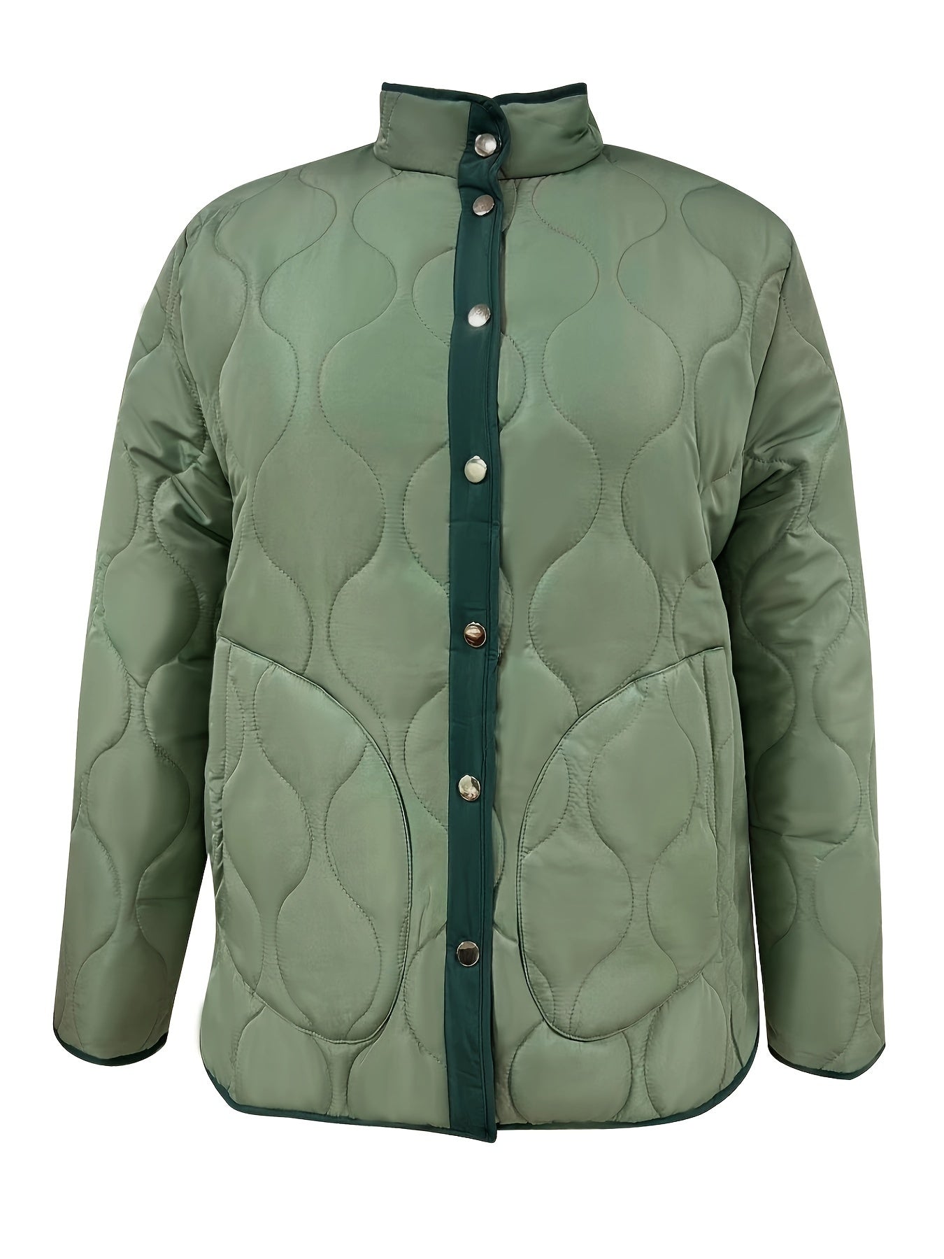 gbolsos Plus Size Casual Coat, Women's Plus Solid Quilted Long Sleeve Button Up Mock Neck Coat With Pockets