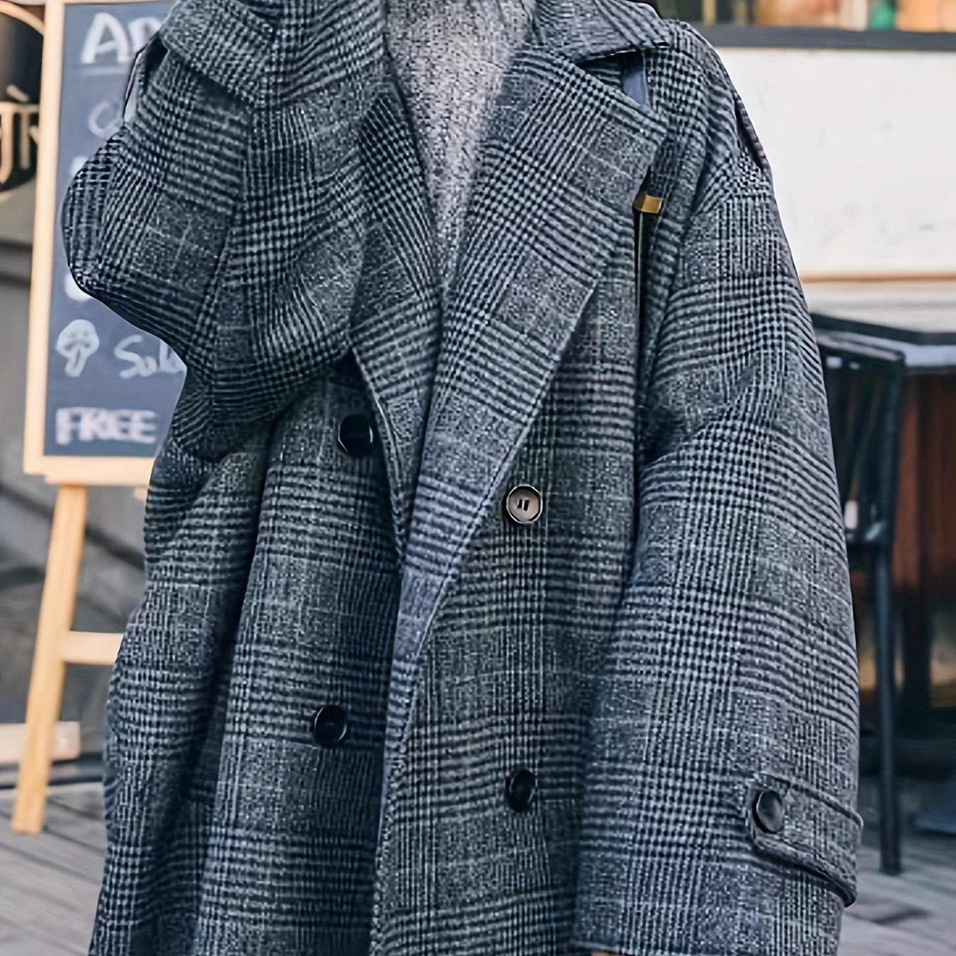 Plaid Button Front Pea Coat, Casual Lapel Long Sleeve Fall & Winter Outerwear, Women's Clothing