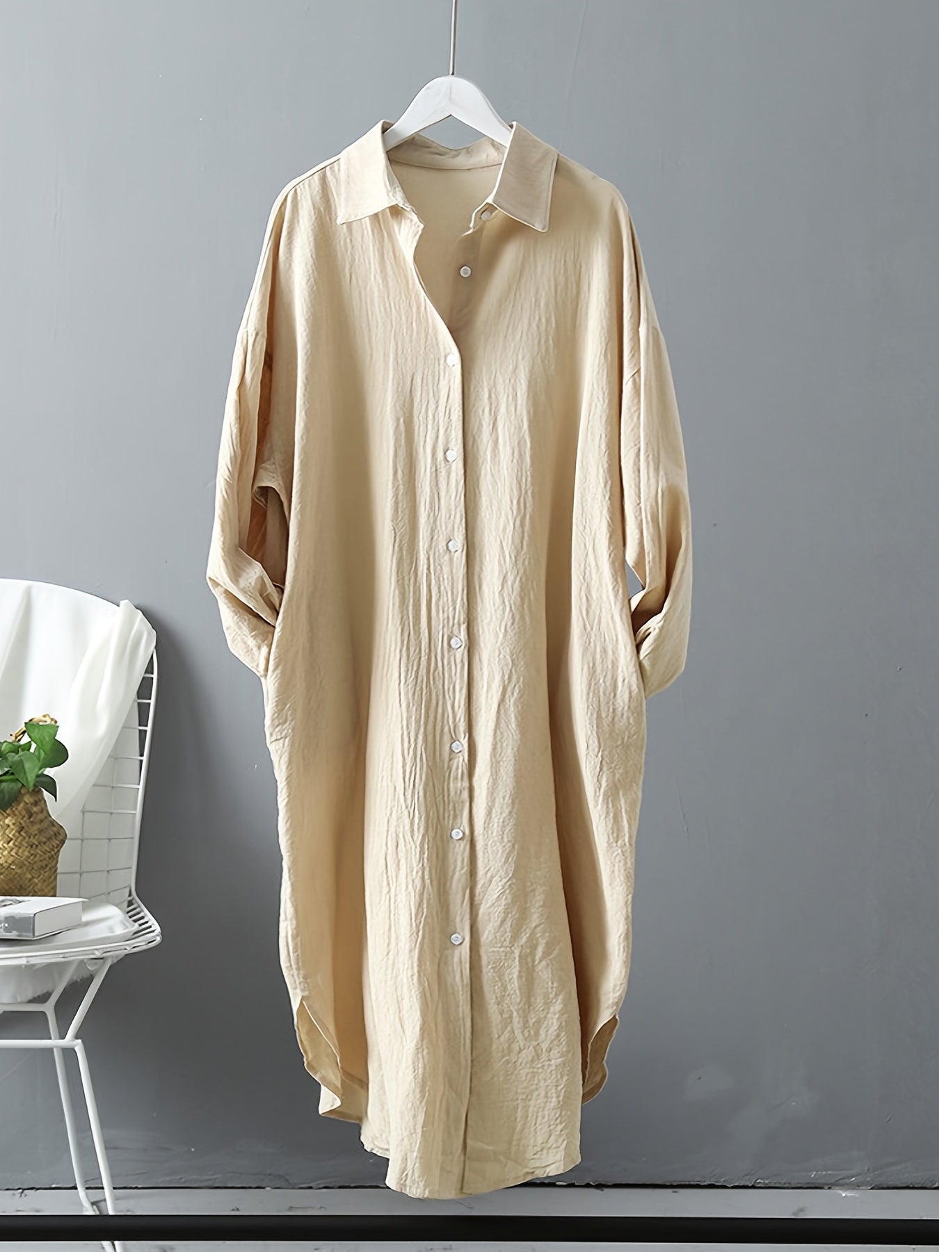 gbolsos Loose Long Sleeve Solid Lapel Shirt, Casual Medium Longline Button Shirt, Women's Clothing