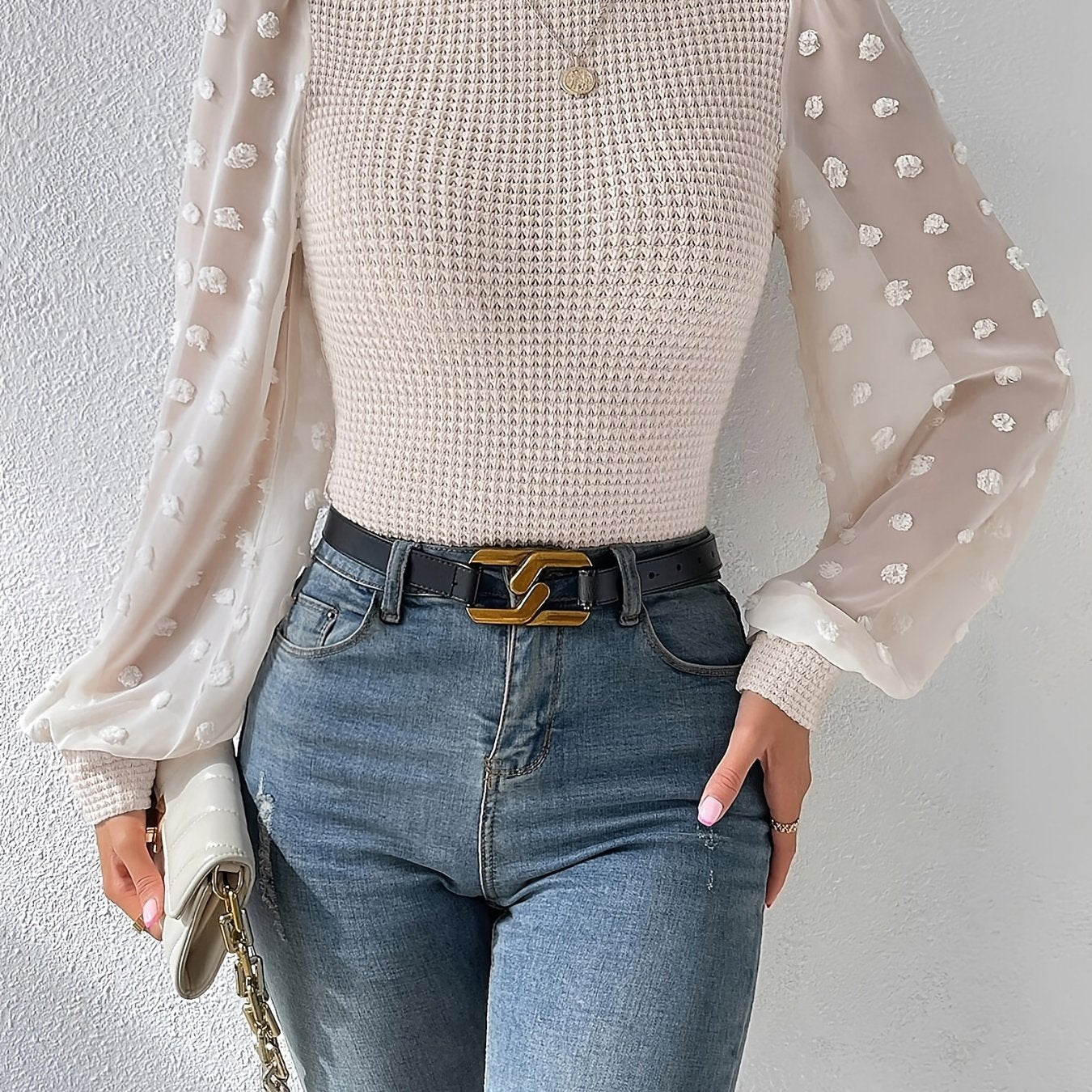 gbolsos Swiss Dot Mock Neck Blouse, Casual Long Lantern Sleeve Blouse For Spring & Fall, Women's Clothing