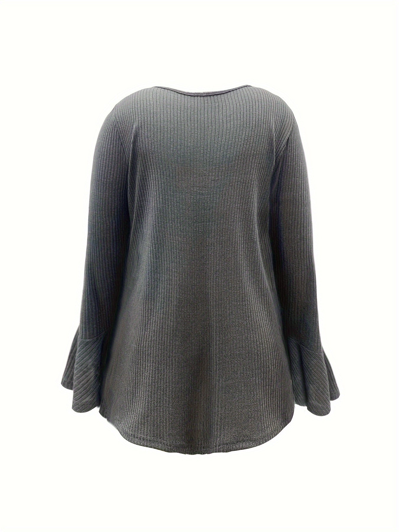gbolsos Plus Size Casual T-shirt, Women's Plus Colorblock Faux Twinset Bell Sleeve V Neck Slight Stretch T-shirt