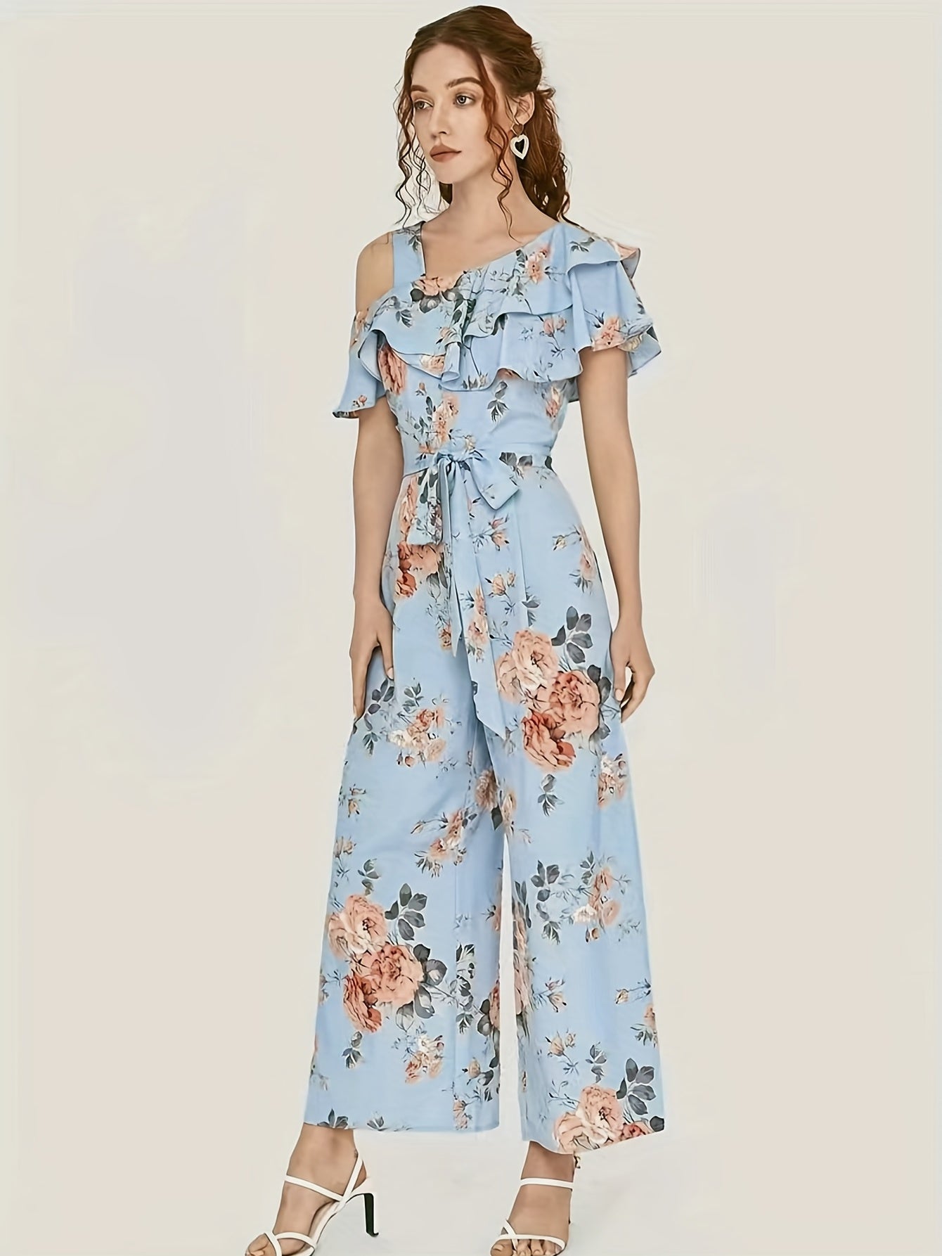 elveswallet Floral Print Wide Leg Jumpsuit, Boho Ruffle Layered Hem Jumpsuit For Spring & Summer, Women's Clothing