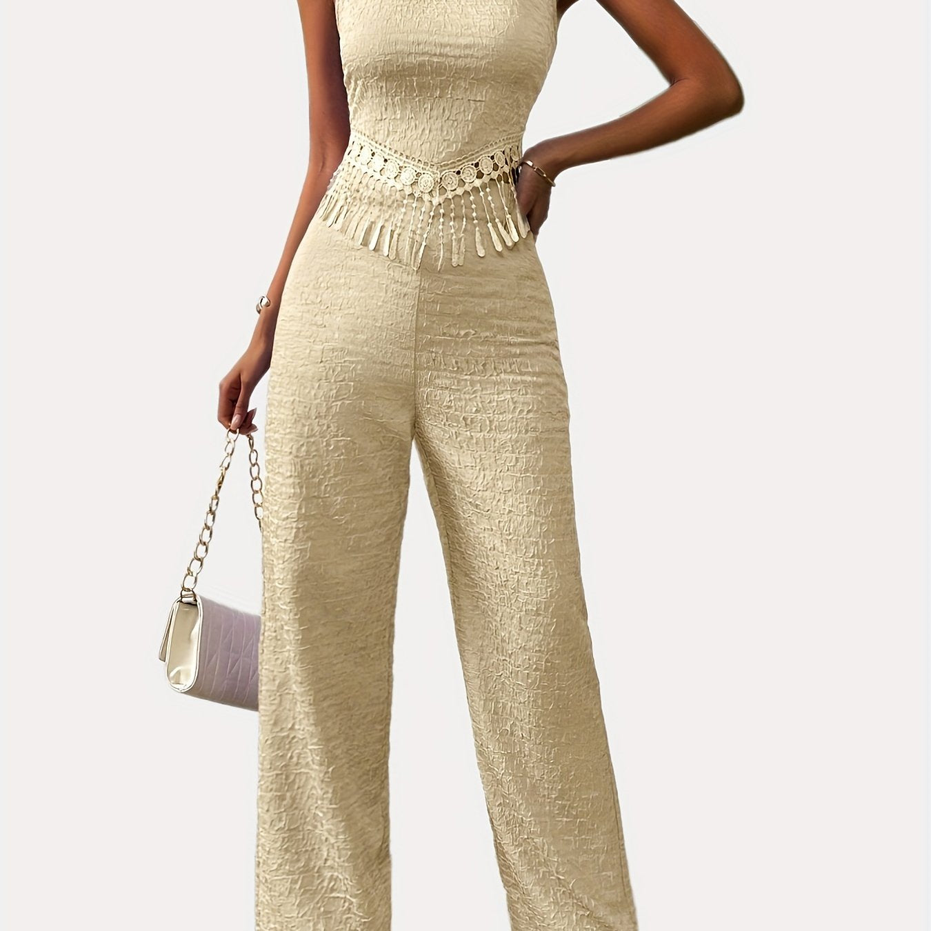 gbolsos Casual Solid Two-piece Set, Tassel Sleeveless Crew Neck Tops & Wide Leg Pants Outfits, Women's Clothing