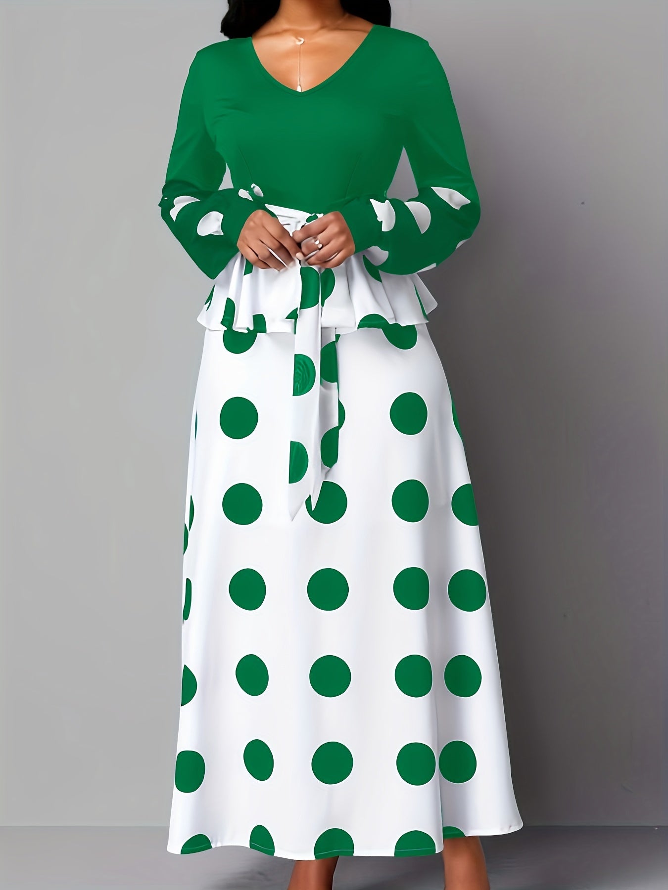 gbolsos Color Block Polka Dot V Neck Long Sleeve Dress, Elegant High Tie Waist Flared Maxi Dress, Women's Clothing