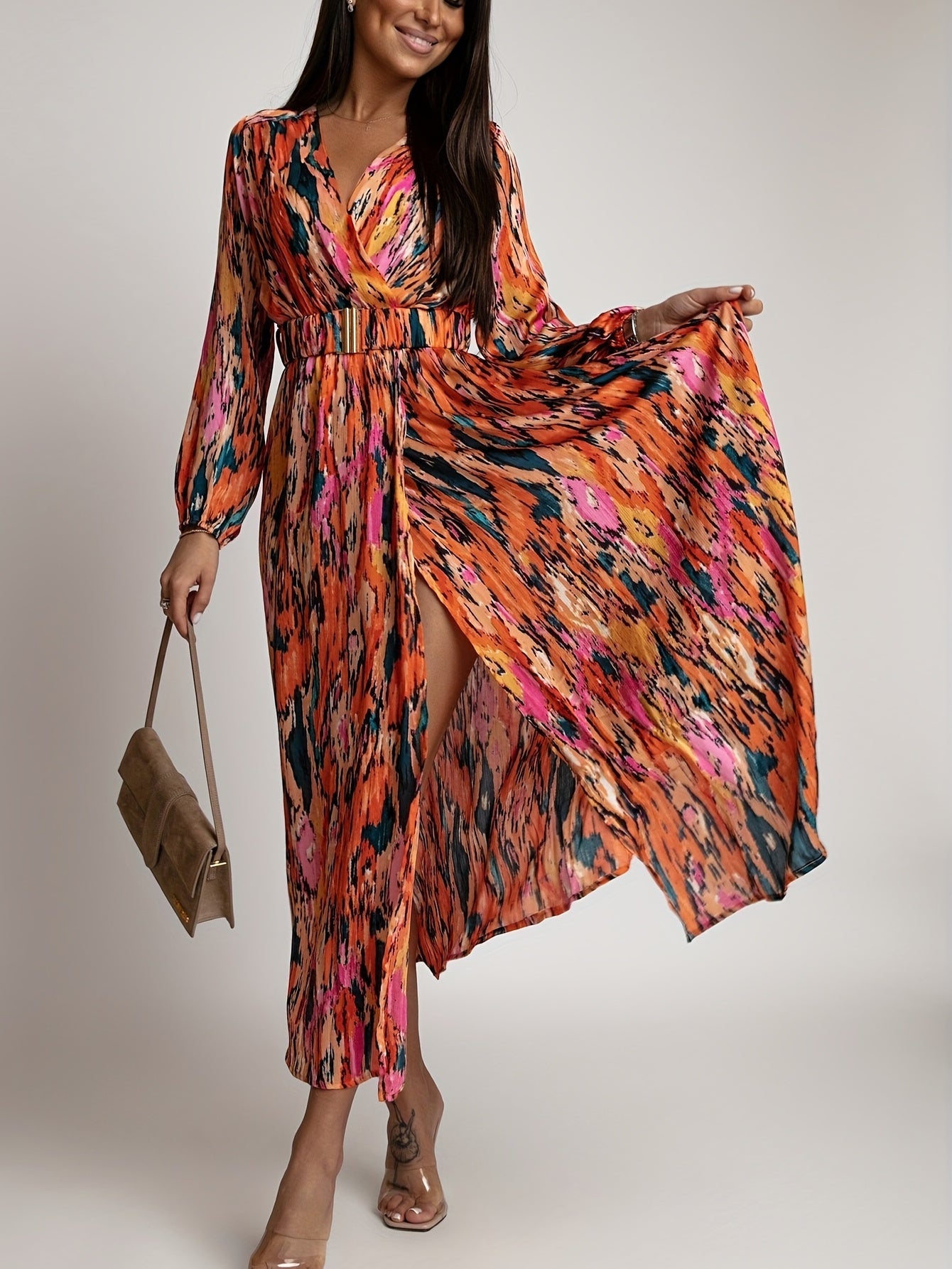 gbolsos Full Printed Surplice Neck Dress, Boho Long Sleeve Maxi Dress, Women's Clothing
