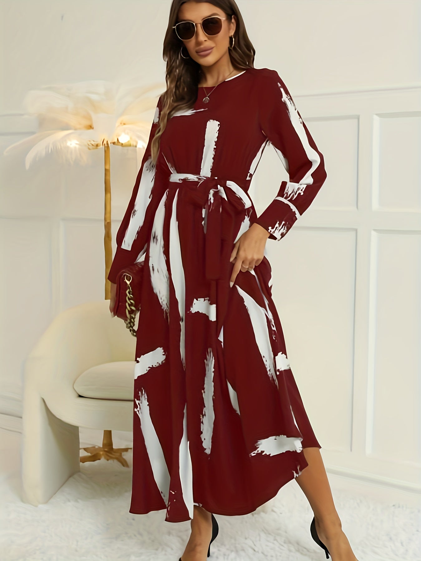gbolsos Brush Print Keyhole Dress, Elegant Long Sleeve Maxi Dress, Women's Clothing