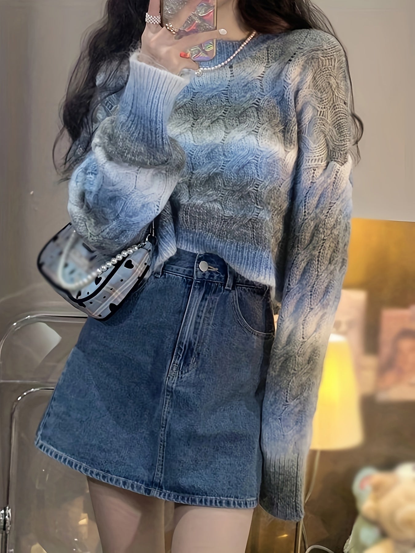 gbolsos Ombre Crew Neck Knit Sweater, Casual Long Sleeve Pullover Sweater, Women's Clothing