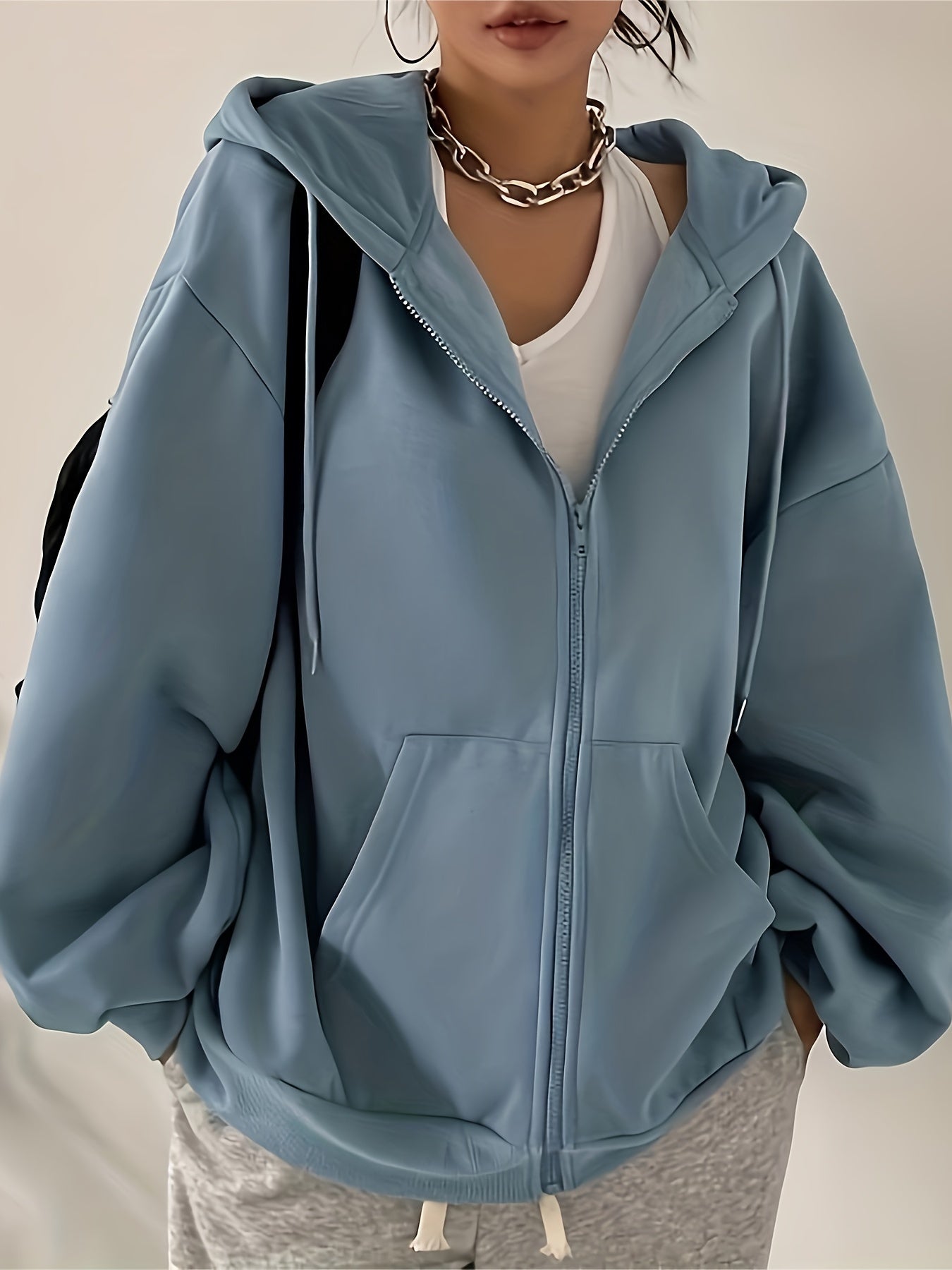Zip-up Slant Pockets Drop Shoulder Hoodie, Casual Long Sleeve Drawstring Hoodie Outerwear, Women's Clothing
