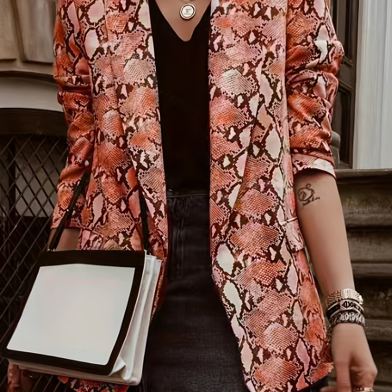 Plus Size Casual Blazer, Women's Plus Snake Pattern Lapel Collar Open Front Long Sleeve Slim Fit Blazer