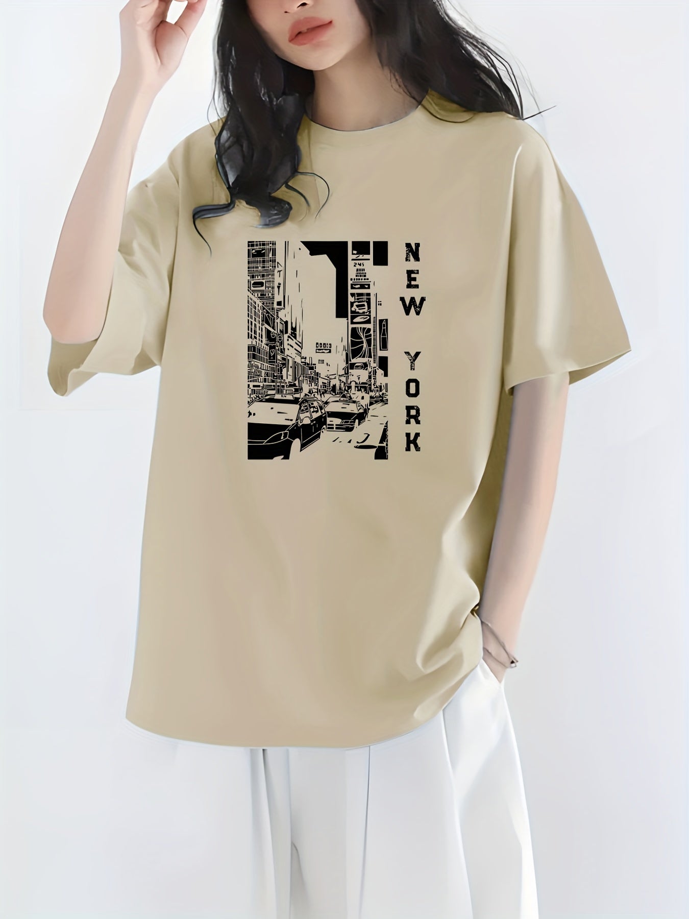 gbolsos City View & New York Letter Print Crew Neck Casual T-Shirt, Solid Color Short Sleeve Fashion Pullover Top, Women's Clothing